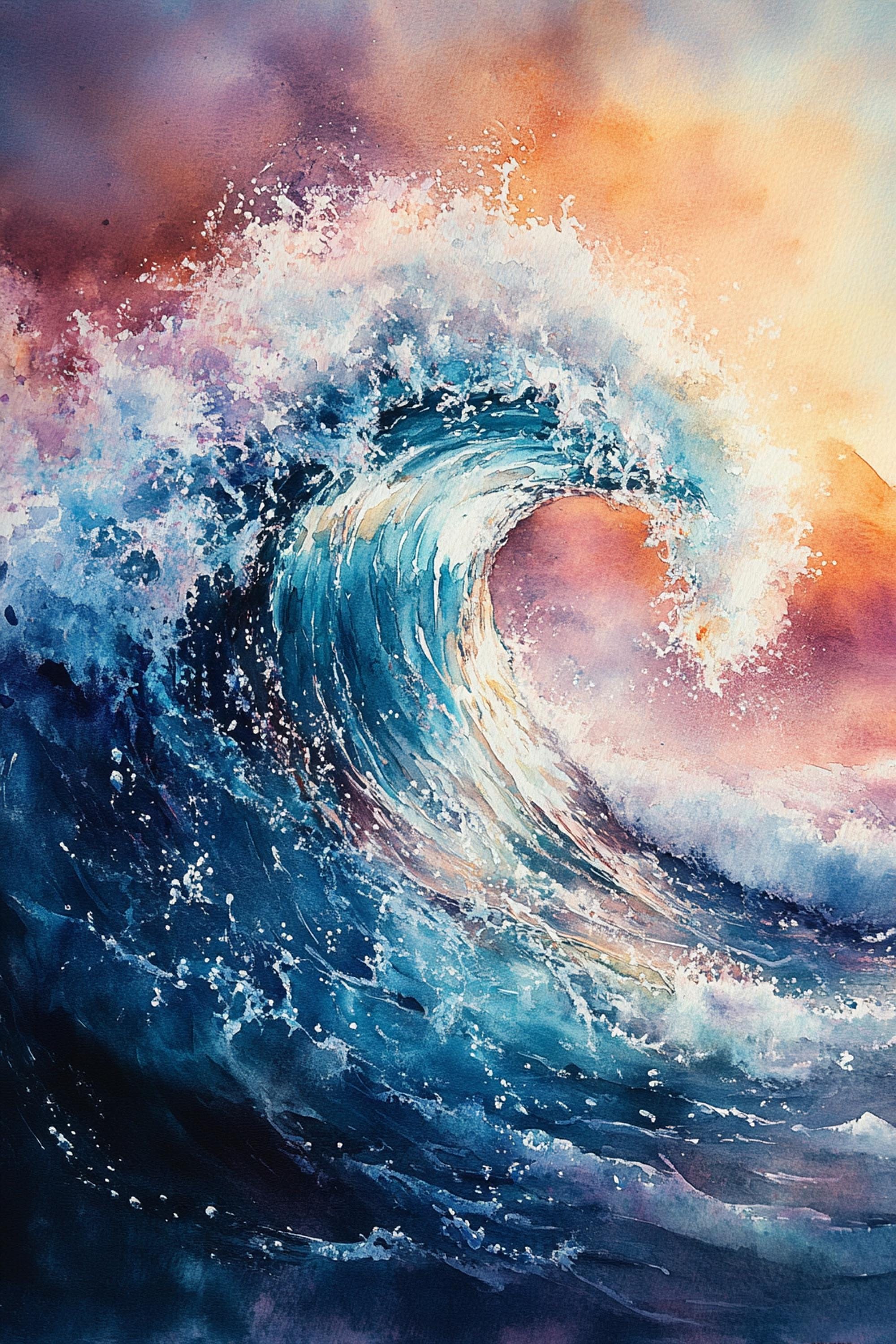 a powerful, crashing wave with a mix of blue, orange, and white colors, creating a dynamic and visually striking scene.