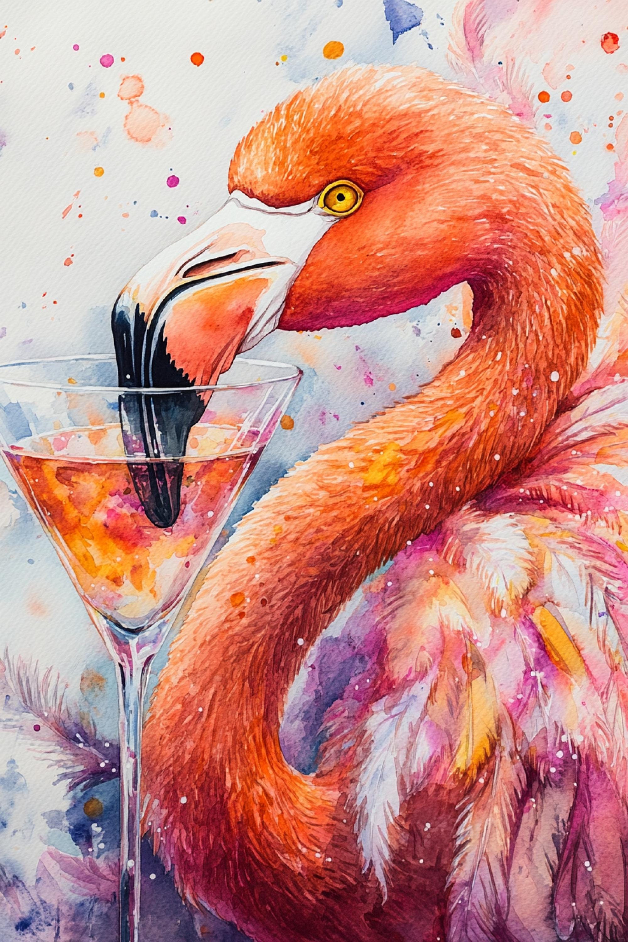 A vibrant watercolor painting depicting a flamingo with a drink in a martini glass, set against a colorful background.
