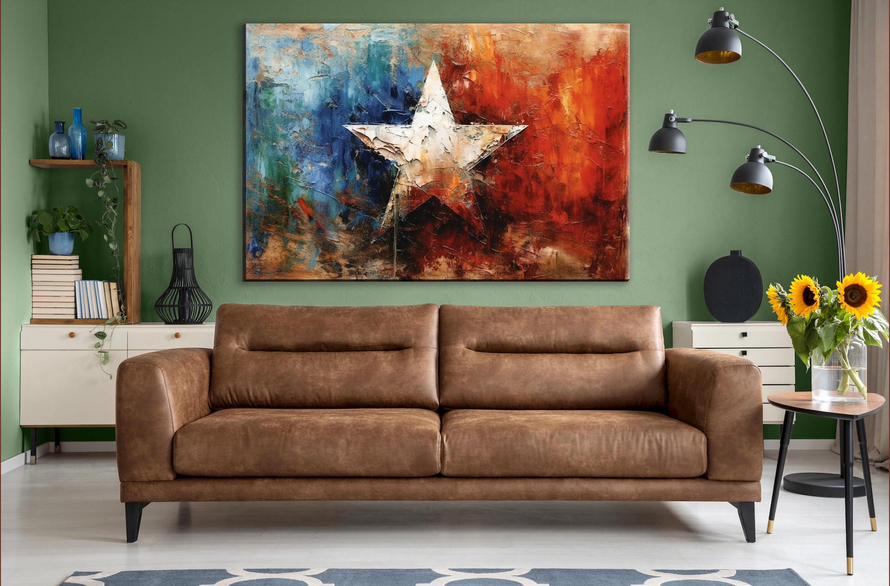 Texas Lone Star Wall Art – Large Canvas Art on Real Wood Frame with Acid Free Ink Print