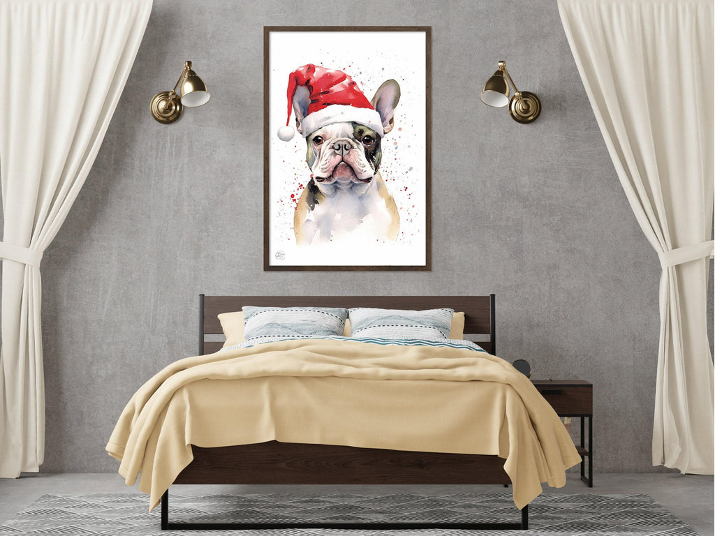 Holiday Frenchie - Watercolor French Bulldog with Santa Hat, Print on Canvas, Artist Paper, Watercolor Paper, Available in Extra Large Sizes
