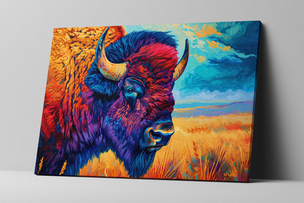 Bison Wall Art | Large Canvas Wall Art – Colorful Buffalo Painting with UV Coated Canvas Print