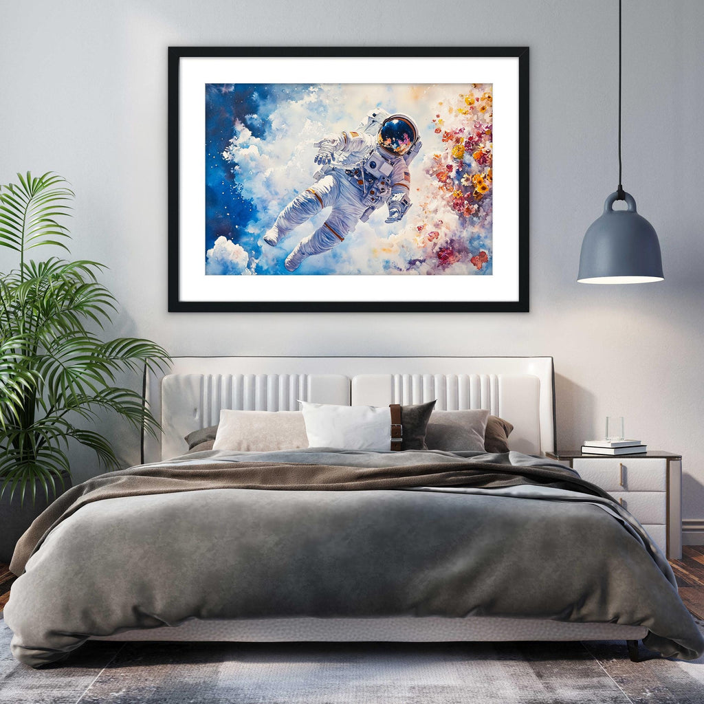 a bedroom with a large bed, a framed painting of an astronaut floating in space, and a potted plant on the left side of the room.
