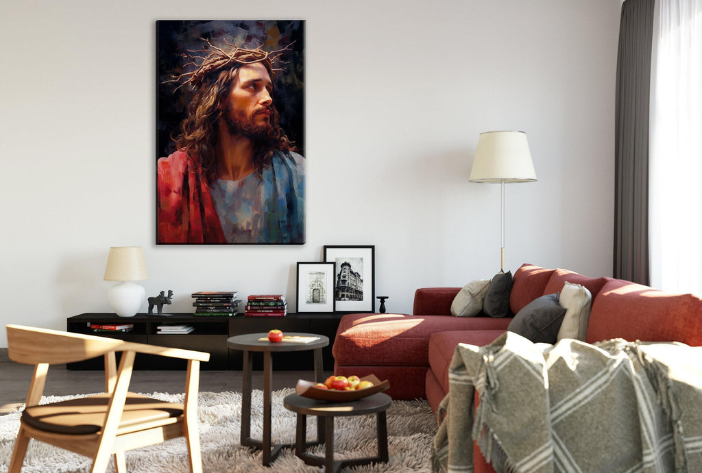 Jesus Christ Canvas Art – Large Canvas Painting with Crown of Thorns and Wood Frame
