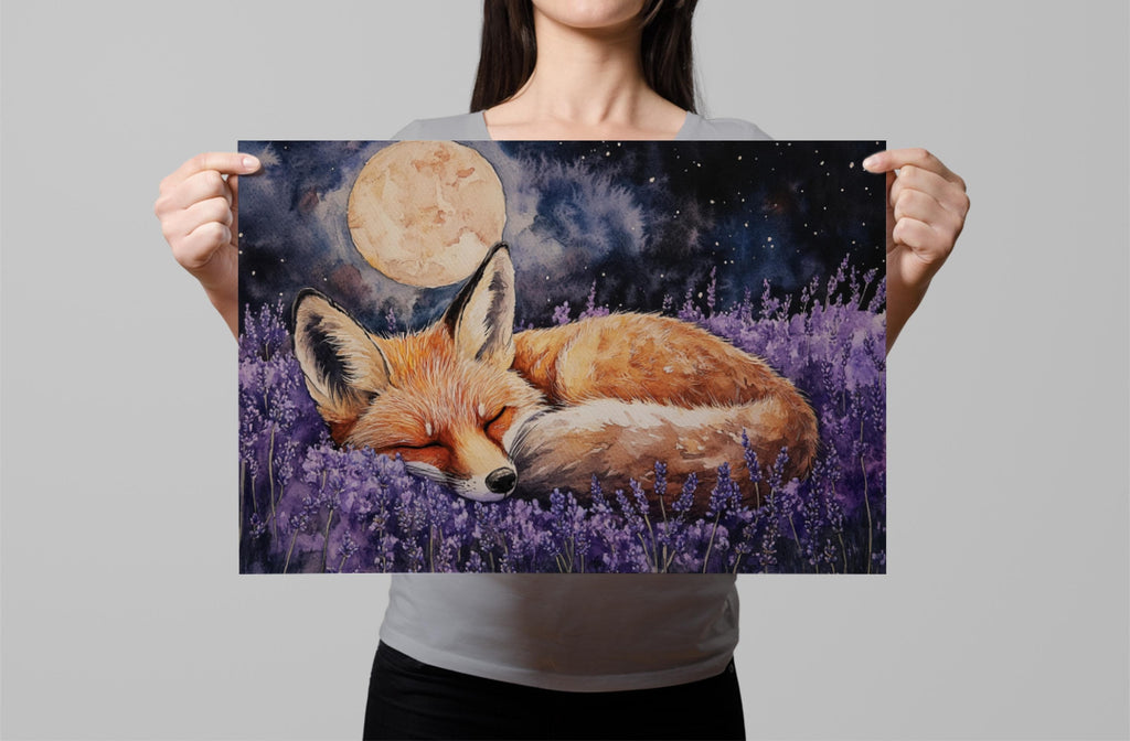 A woman holds up a framed painting depicting a sleeping fox in a field of purple flowers, with a full moon and starry night sky in the background.