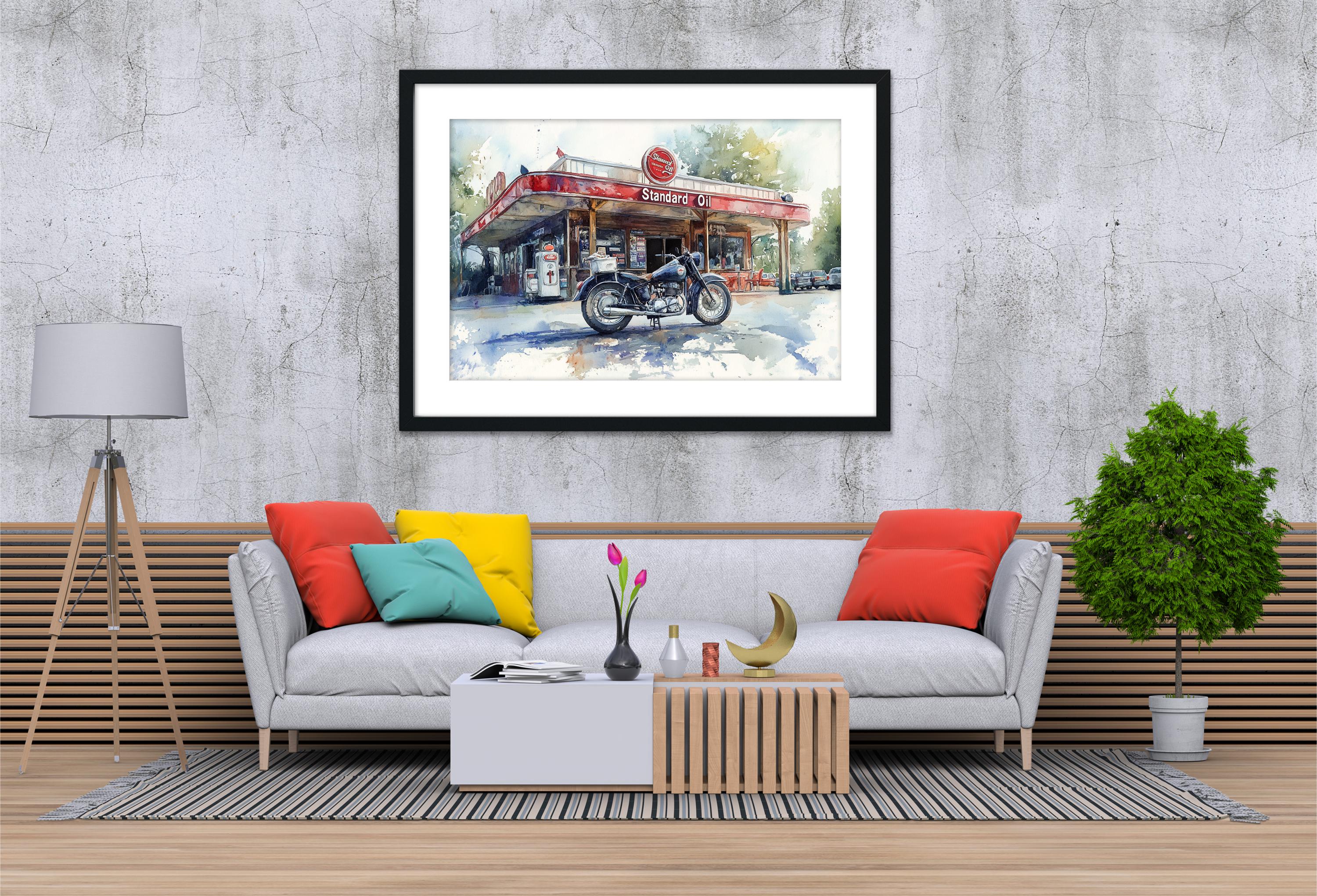 a cozy living room with a gray sofa adorned with colorful pillows, a coffee table with a vase of flowers, and a framed painting of a motorcycle and a gas station on the wall above the sofa.