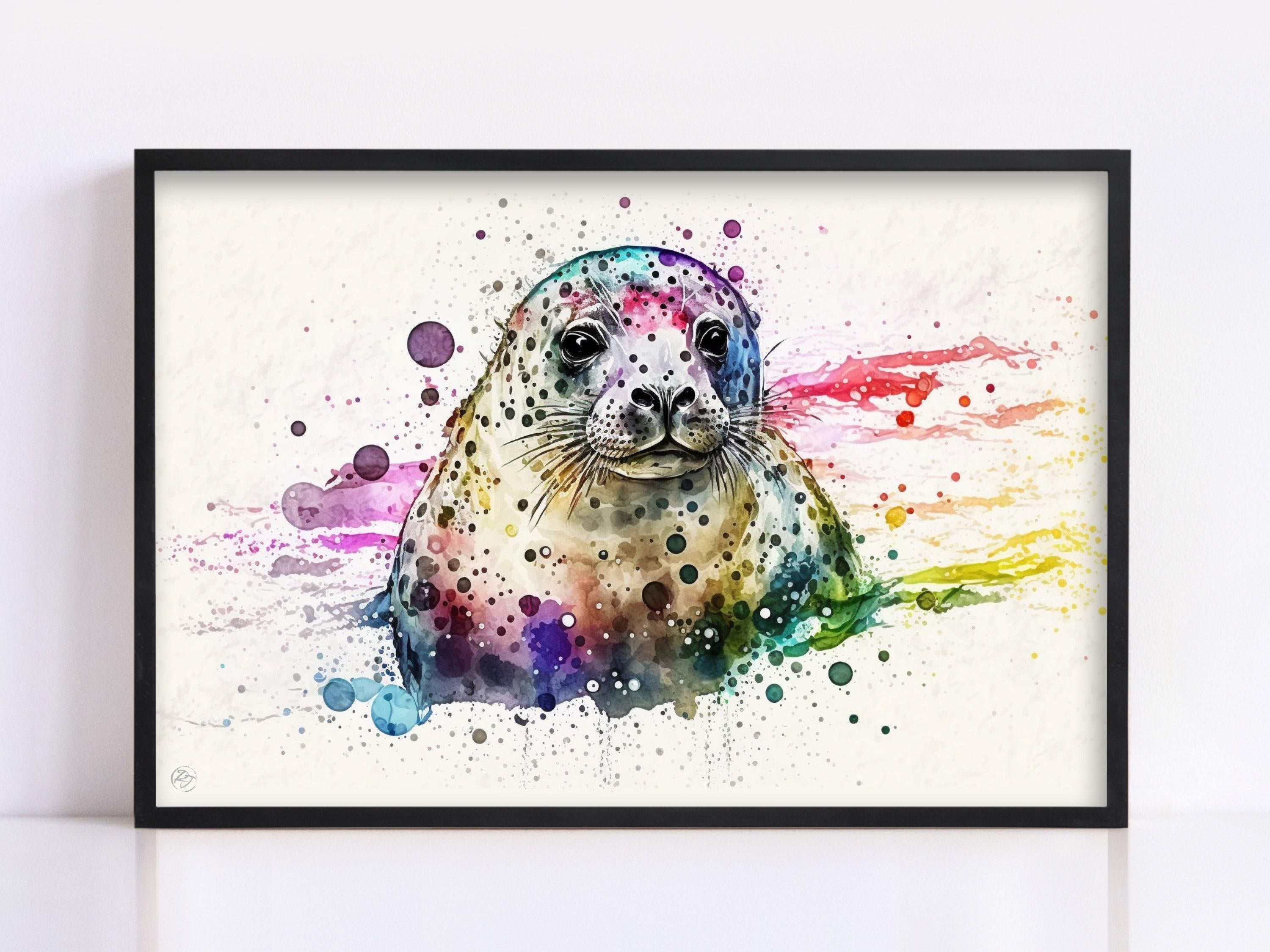 Marine Serenity: Seal Watercolor Painting, Giclee Print on Canvas, Artist Paper, Watercolor Paper, Available in Extra Large Sizes