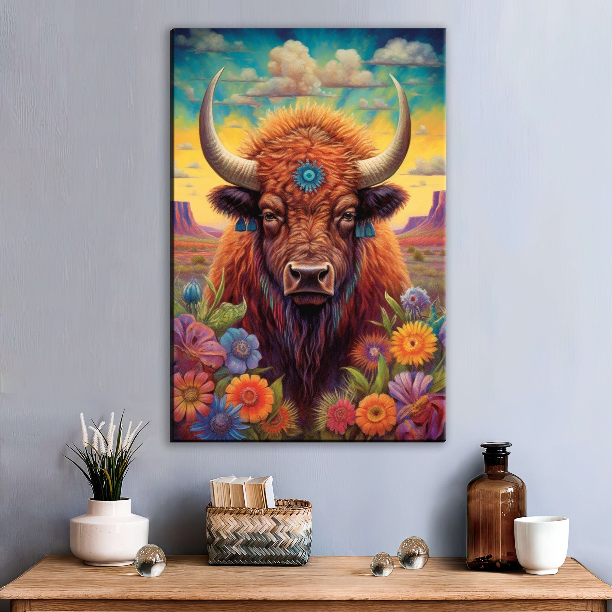 Bison Wall Art - Western Theme Painting | Yellowstone Bison Portrait Canvas Print