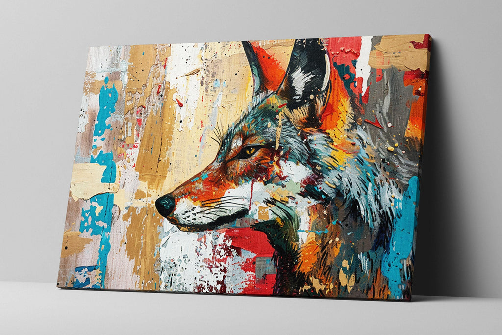 The image is a vibrant, colorful painting depicting a fox's face, with bold brushstrokes and splatters of color creating a dynamic and expressive visual.