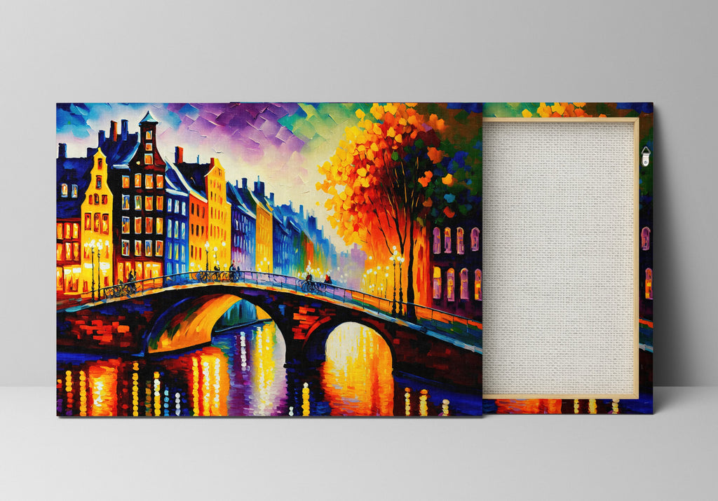 Amsterdam Canvas Art – Bridges of Amsterdam Vibrant Cityscape Painting on Gallery Ready Canvas