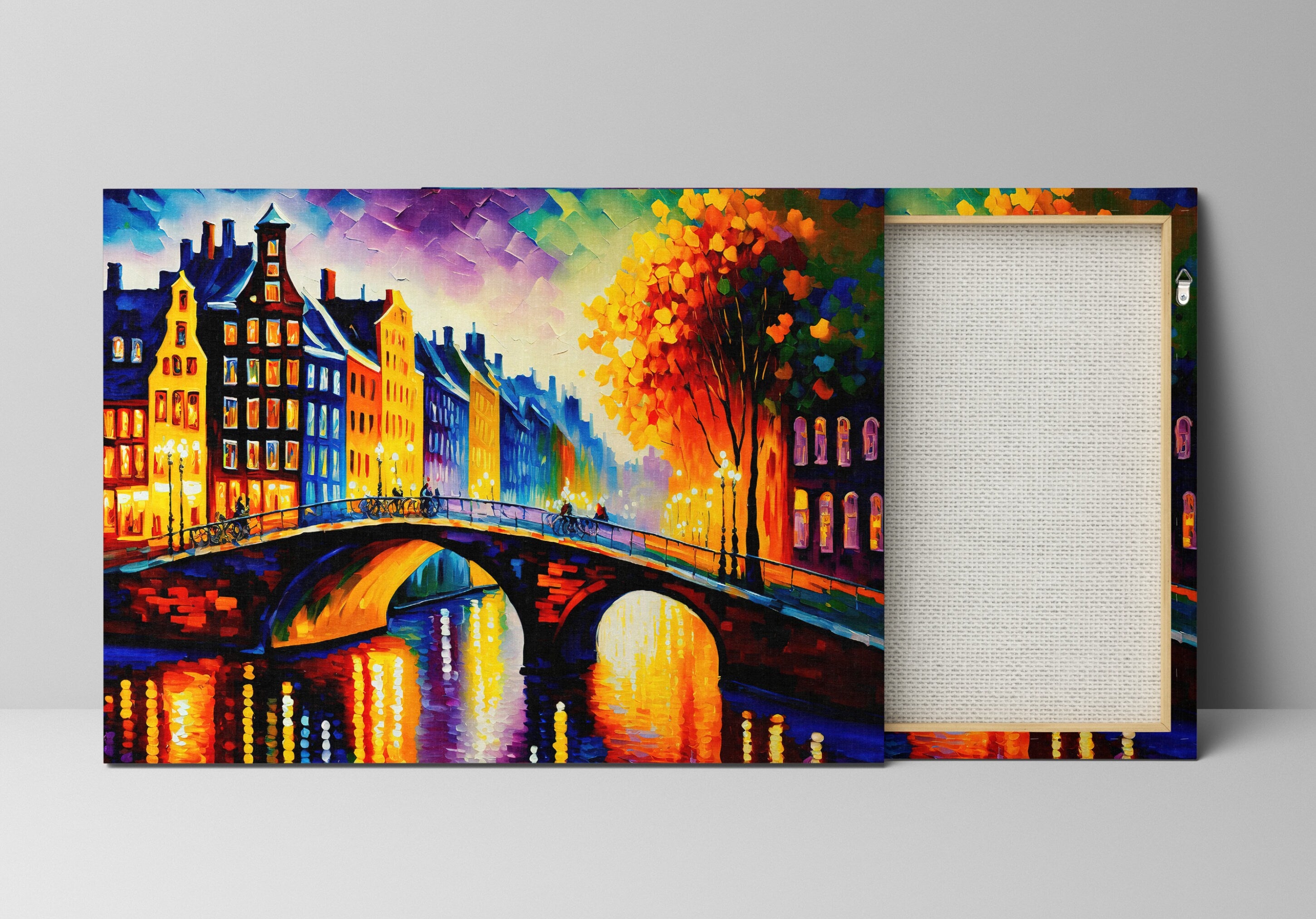 Amsterdam Canvas Art – Bridges of Amsterdam Vibrant Cityscape Painting on Gallery Ready Canvas