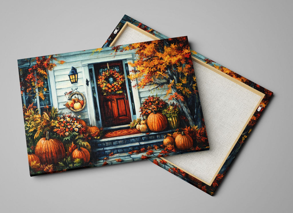 a cozy autumn scene with a white house, a red door, and a porch decorated with pumpkins and fall foliage.