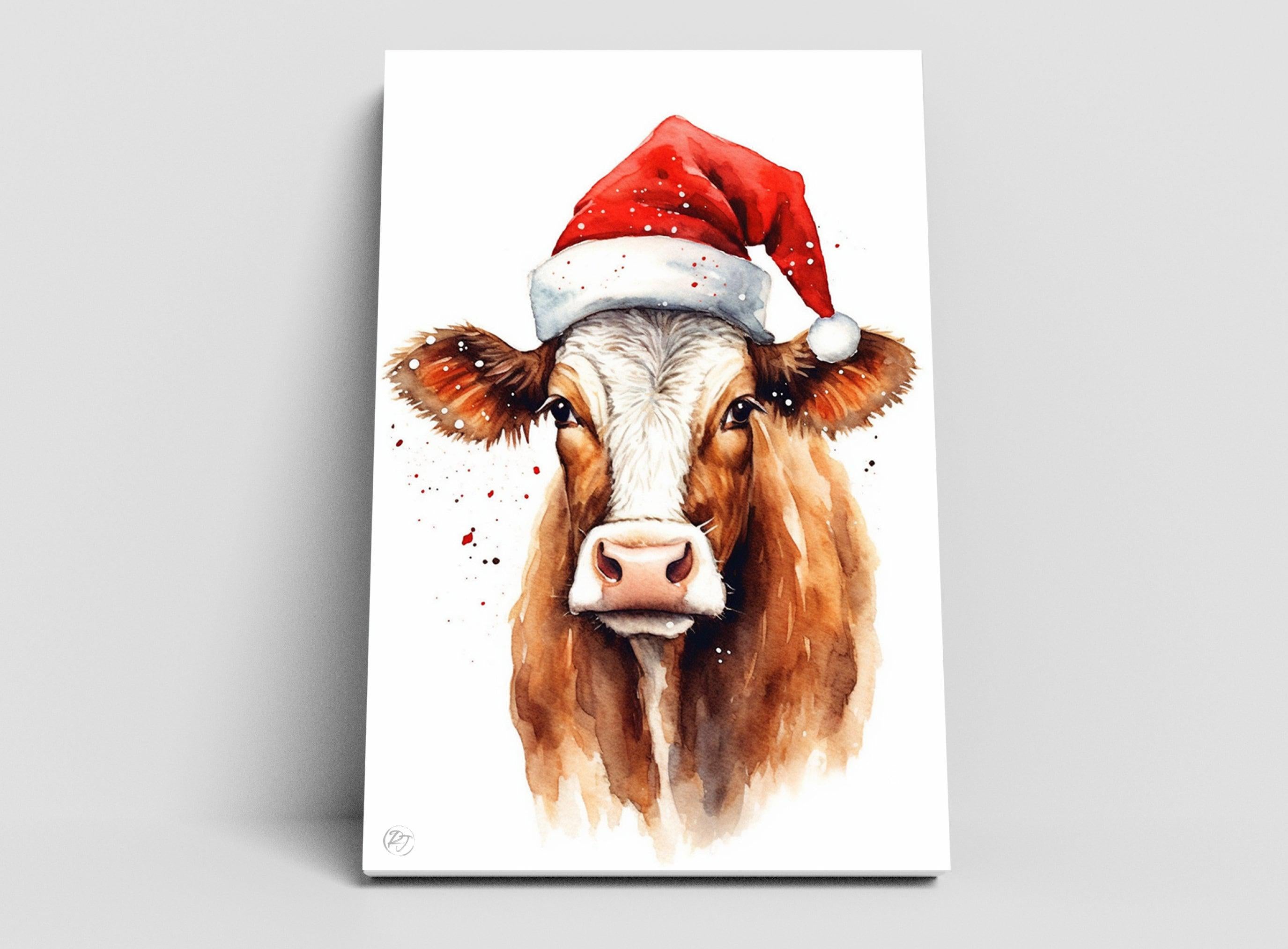 Christmas Cow Watercolor Holiday Wall Art, Giclee Print on Canvas, Artist Paper, Watercolor Paper, Available in Extra Large Sizes