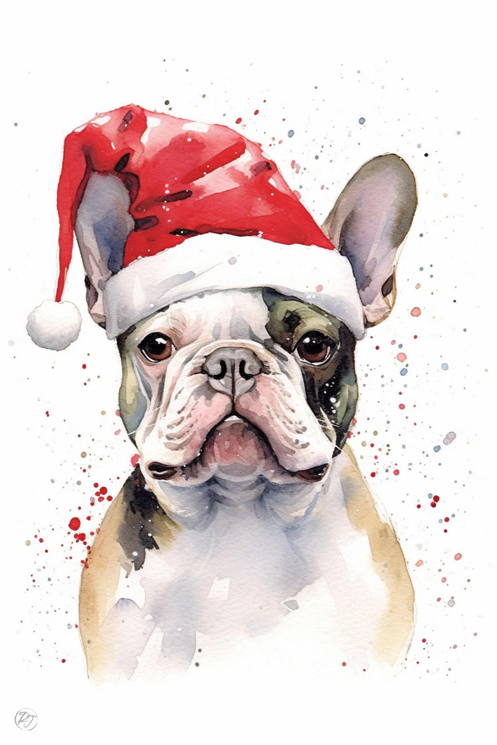 Holiday Frenchie - Watercolor French Bulldog with Santa Hat, Print on Canvas, Artist Paper, Watercolor Paper, Available in Extra Large Sizes