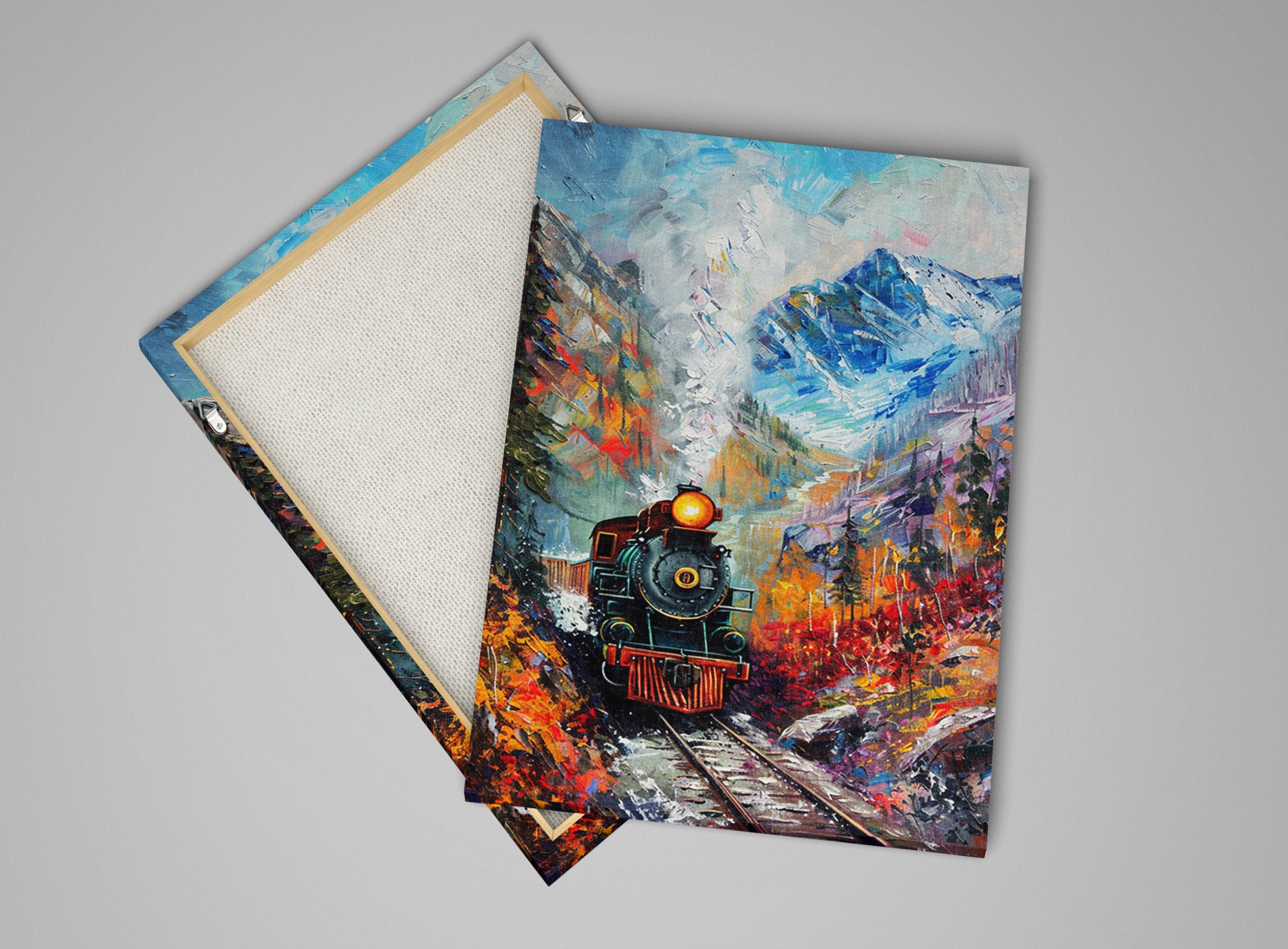 Train Station Canvas - Vintage Train Art | Fall Mountain Painting on Gallery Wrapped Canvas
