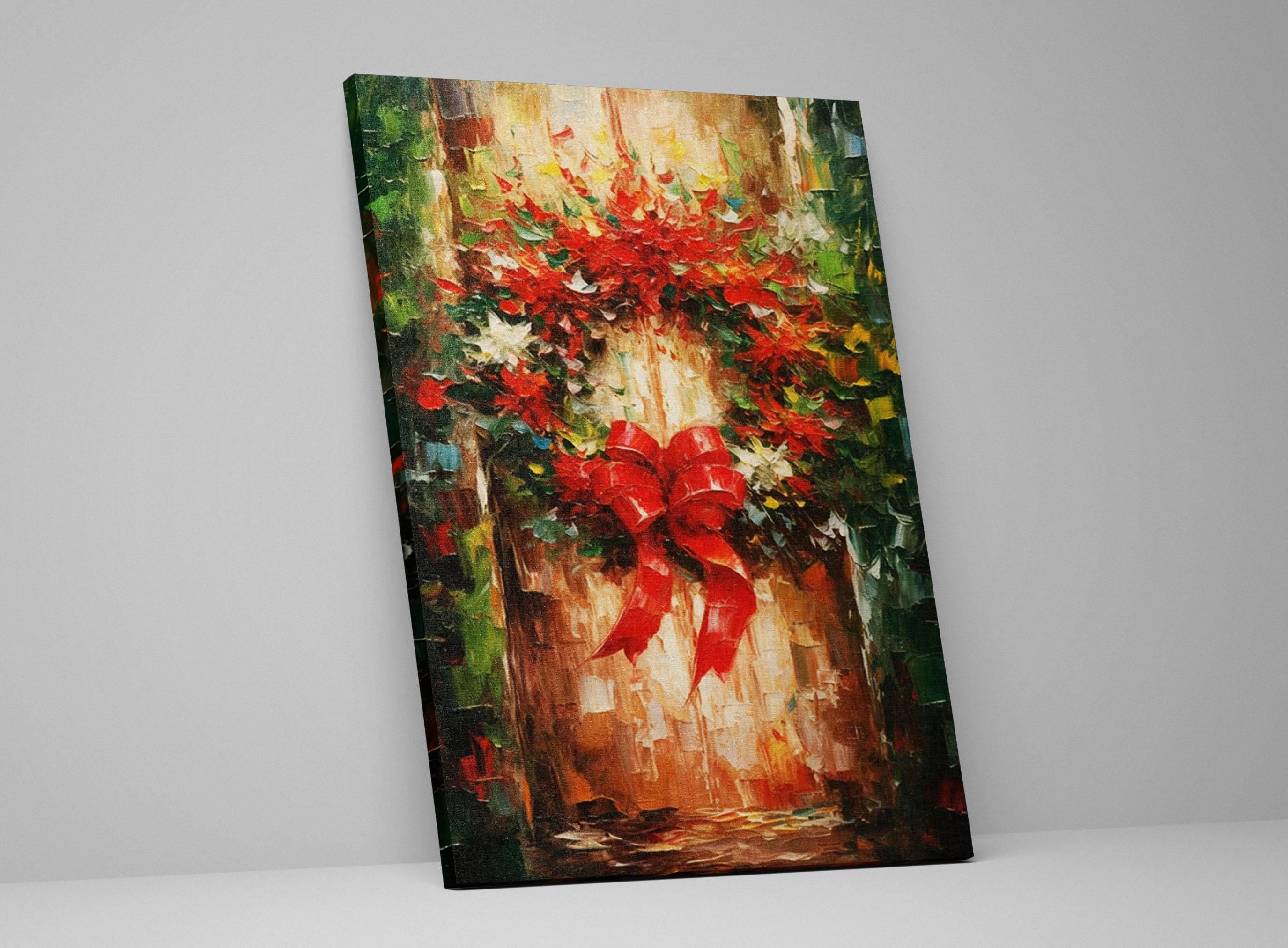 Christmas Wreath Art – Rustic Traditional Holiday Wall Decor on Gallery Wrapped Canvas