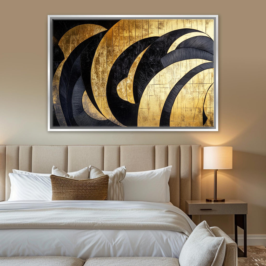 a bedroom with a large bed and a painting on the wall