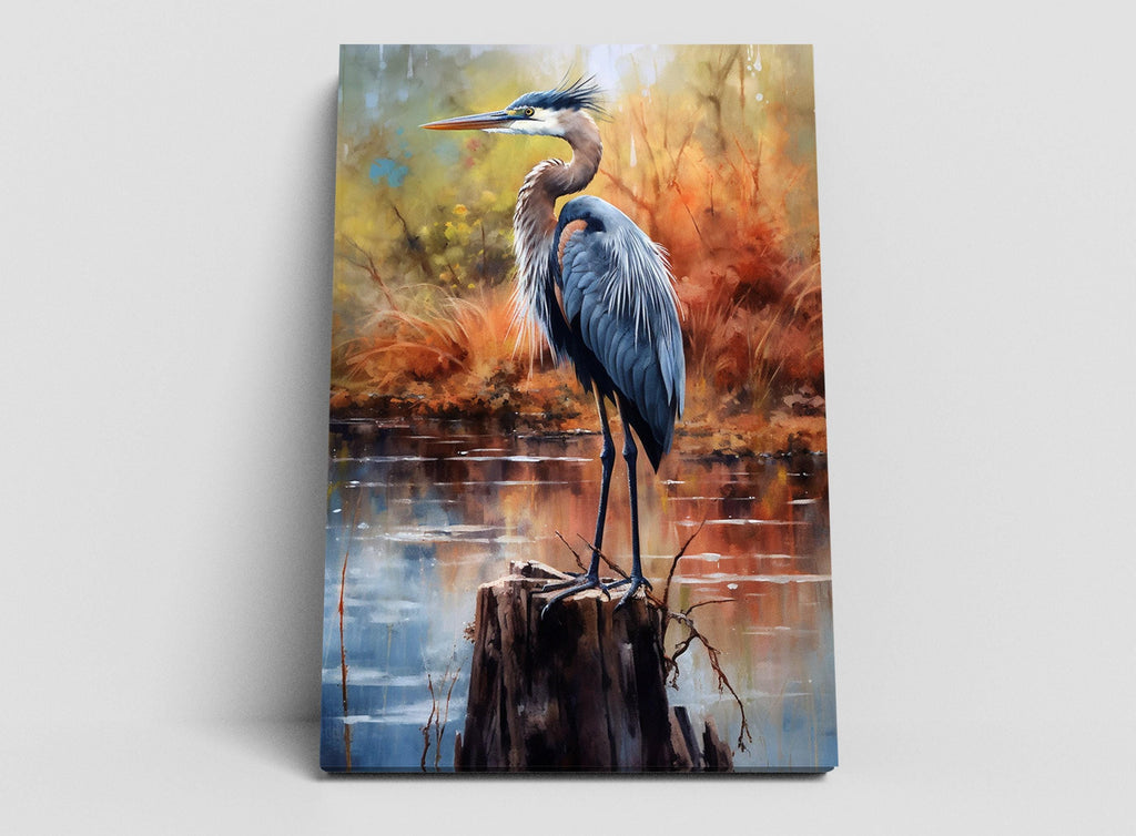 A blue heron standing on a tree stump in a natural setting with a body of water in the background.