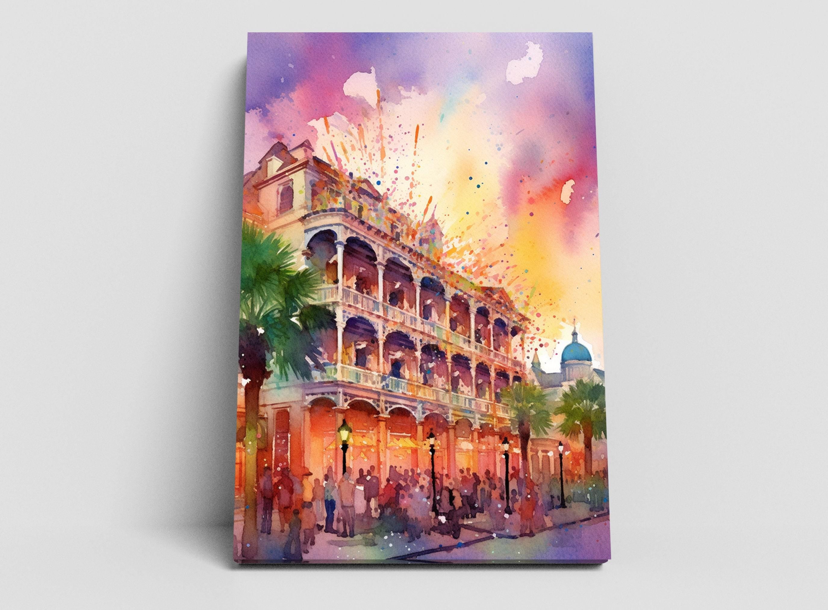 Dazzling New Orleans Mardi Gras Carnival Watercolor, Giclee Print on Canvas, Artist Paper, Watercolor Paper, Available in Extra Large Sizes