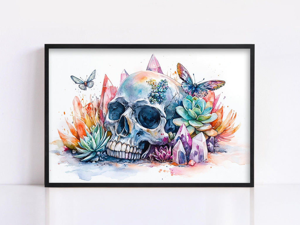 The image is a framed painting depicting a skull surrounded by colorful flowers, butterflies, and crystals.