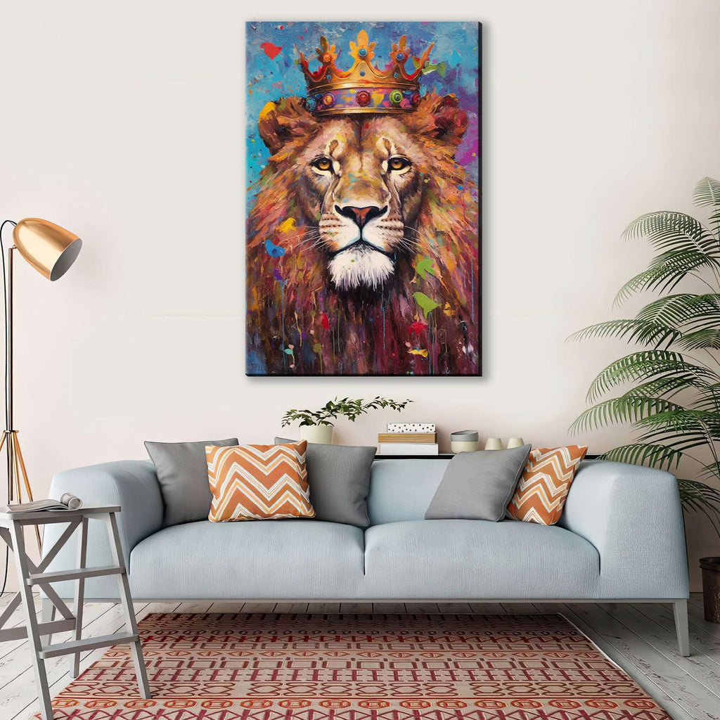 Lion Canvas Art – Large Gallery Wrapped Canvas with Majestic Lion Crown Painting