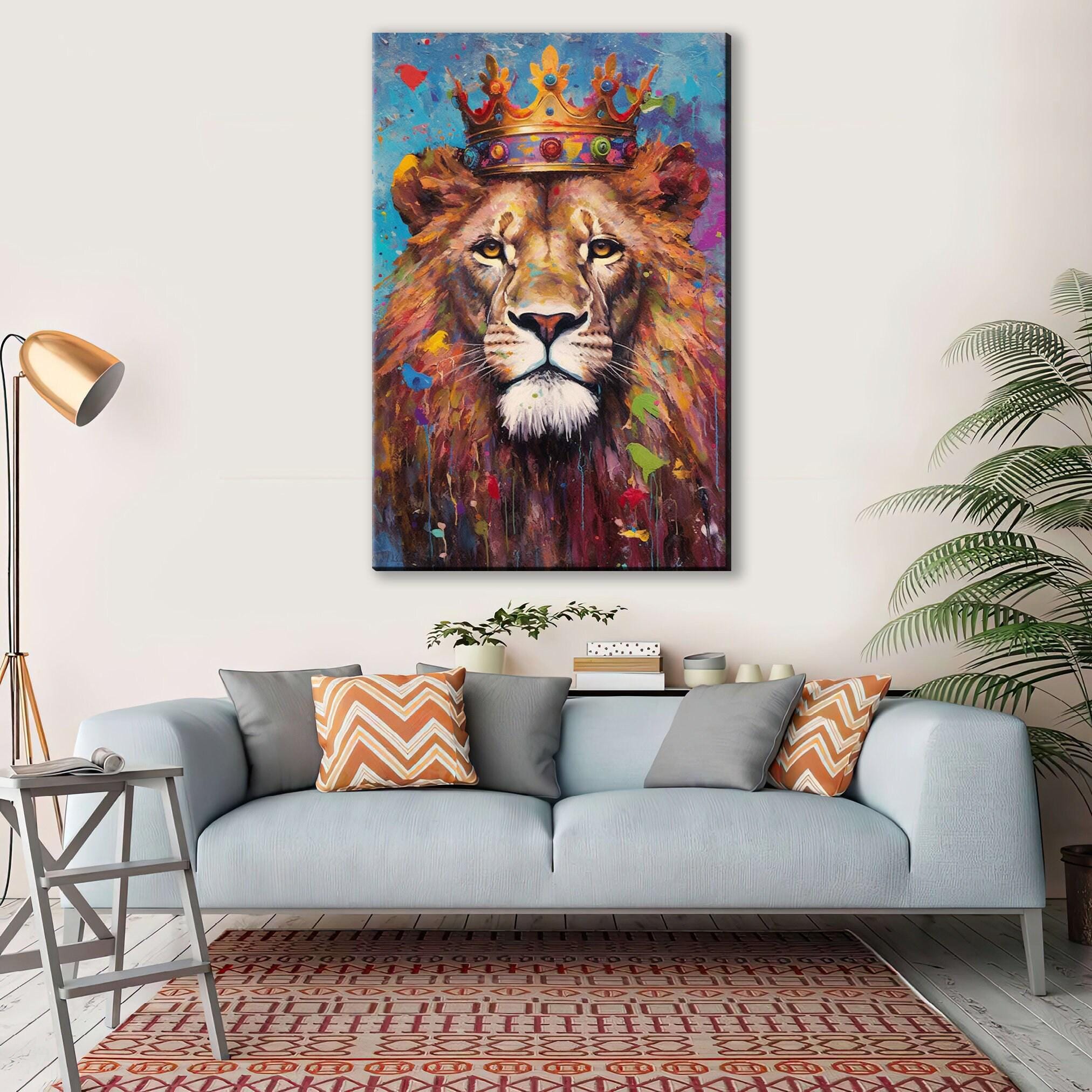 Lion Canvas Art – Large Gallery Wrapped Canvas with Majestic Lion Crown Painting