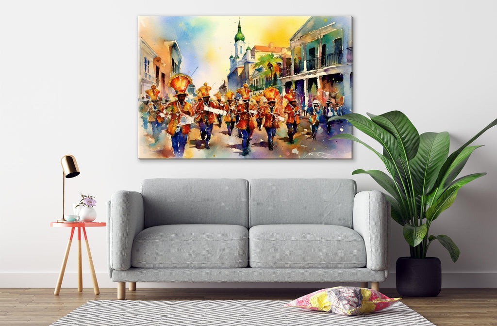 Mardi Gras Marching Band Watercolor – NOLA Parade, Giclee Print on Canvas, Artist Paper, Watercolor Paper, Available in Extra Large Sizes