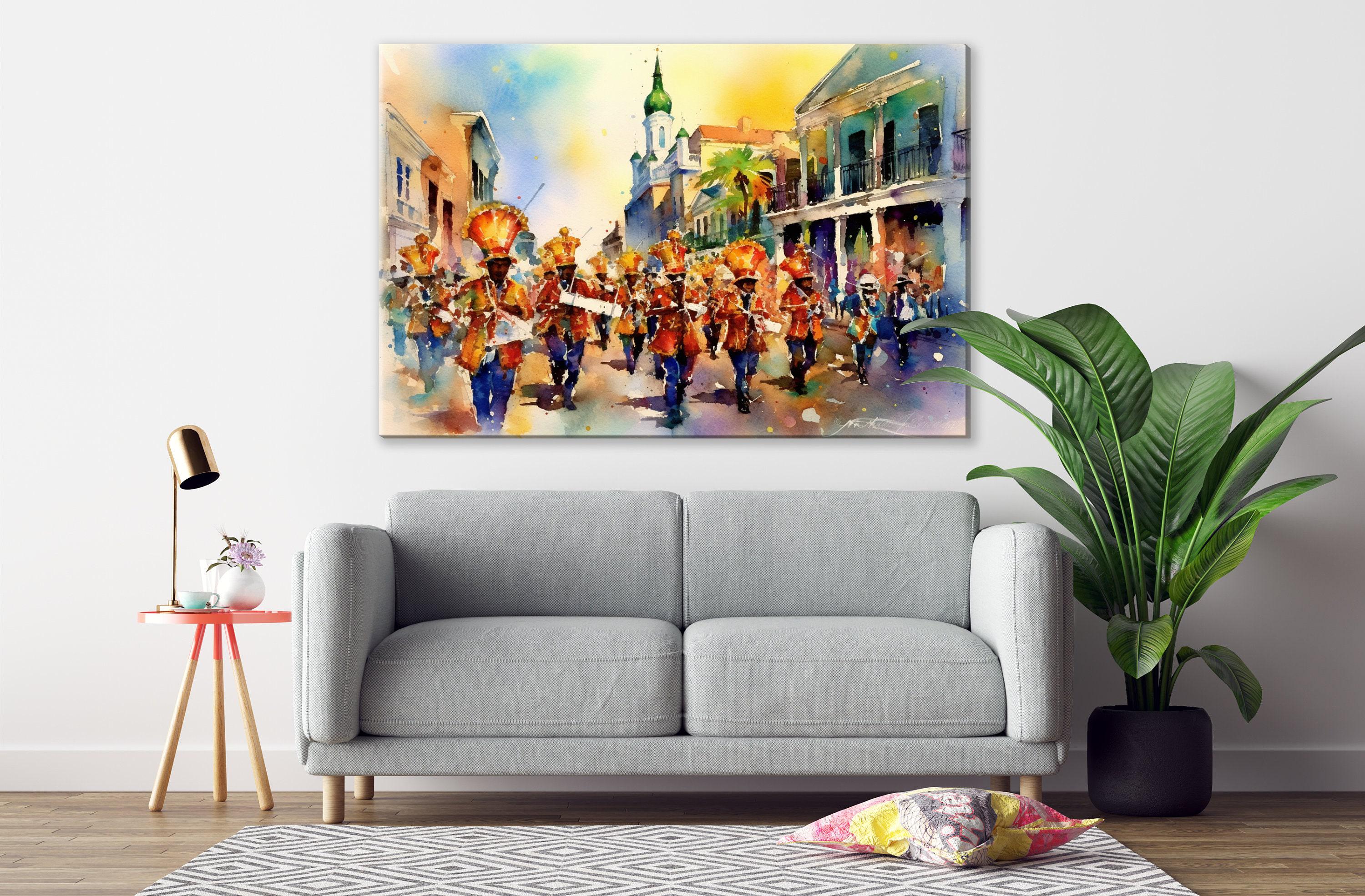 Mardi Gras Marching Band Watercolor – NOLA Parade, Giclee Print on Canvas, Artist Paper, Watercolor Paper, Available in Extra Large Sizes