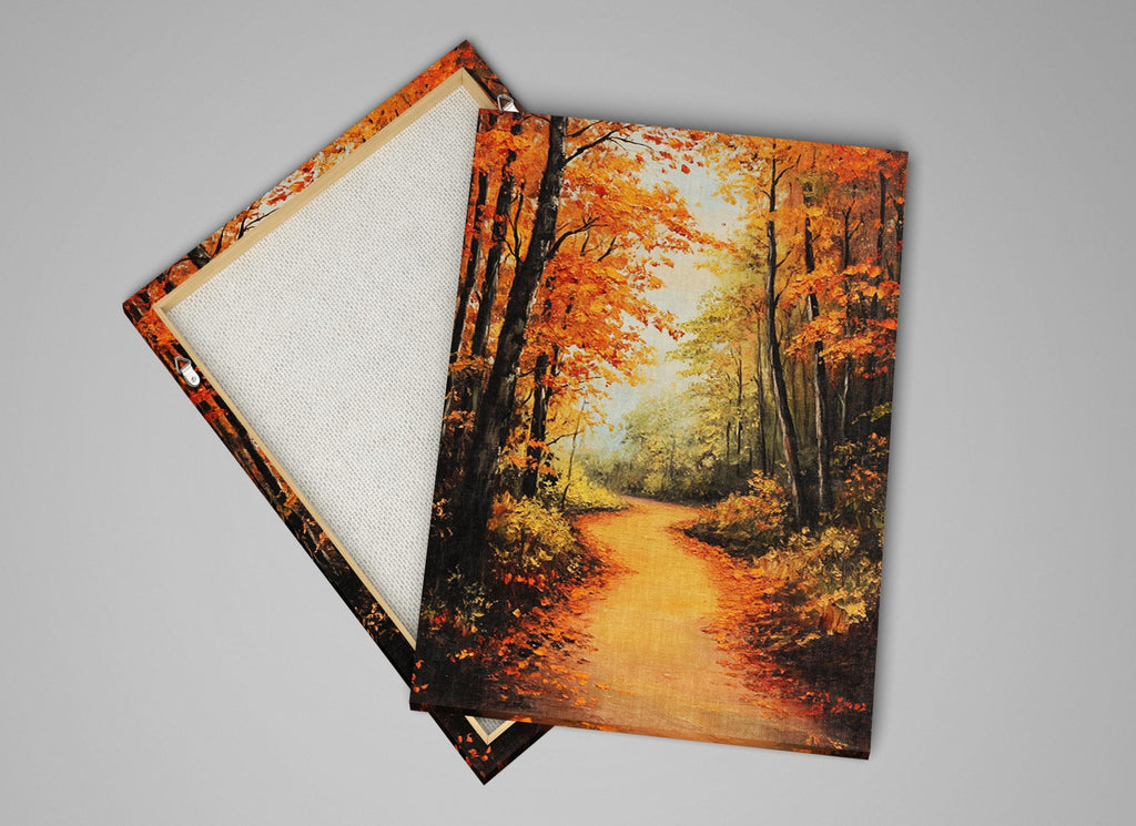 a scenic autumn forest path with vibrant orange and yellow foliage, creating a warm and inviting atmosphere.