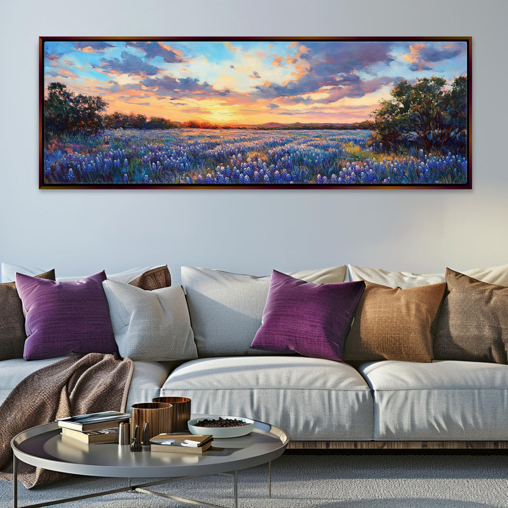 a living room with a couch and a painting on the wall