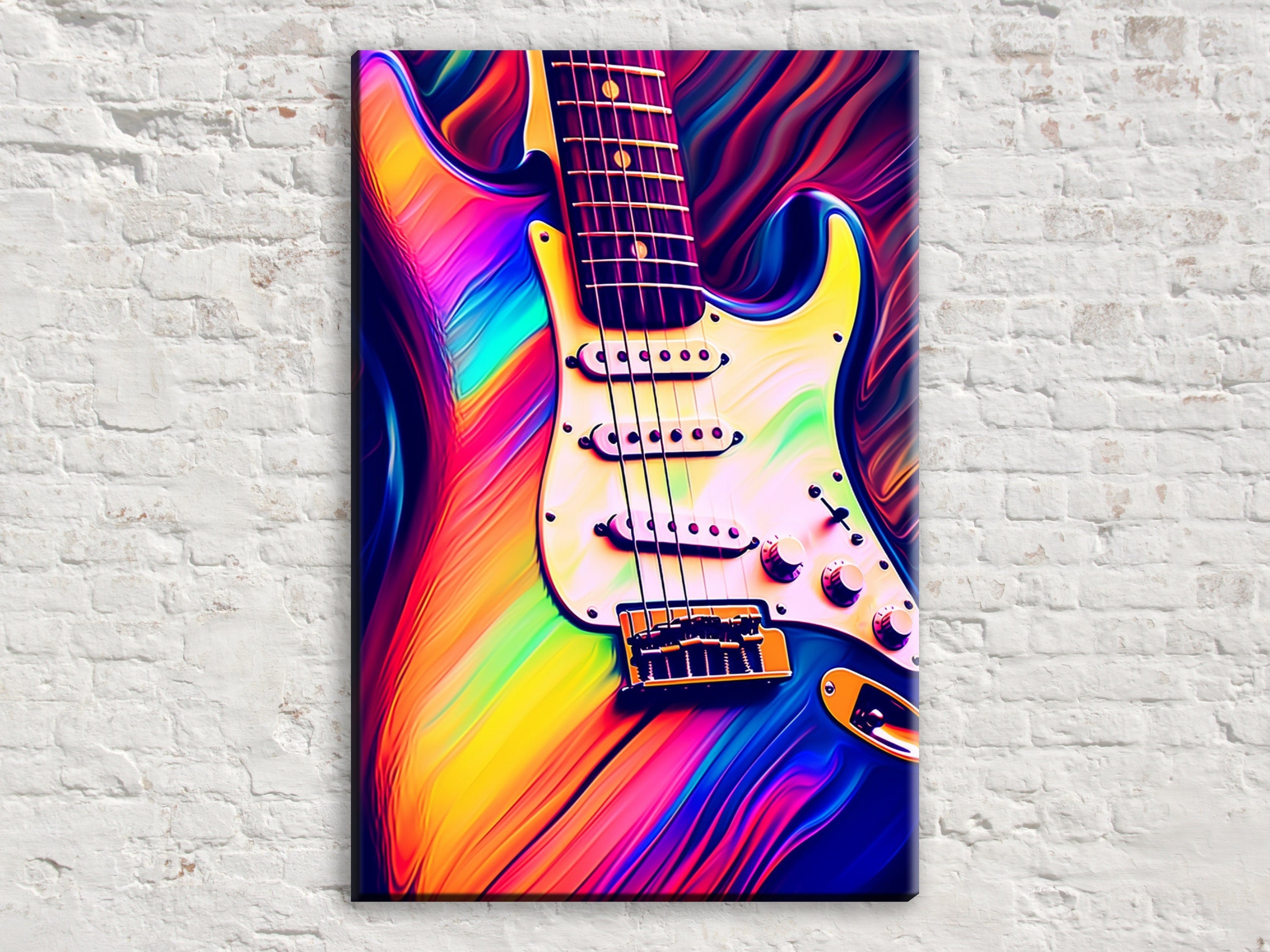 Electric Guitar Wall Art - Synthwave Neon Guitar Canvas Art | Large Vibrant Music Decor