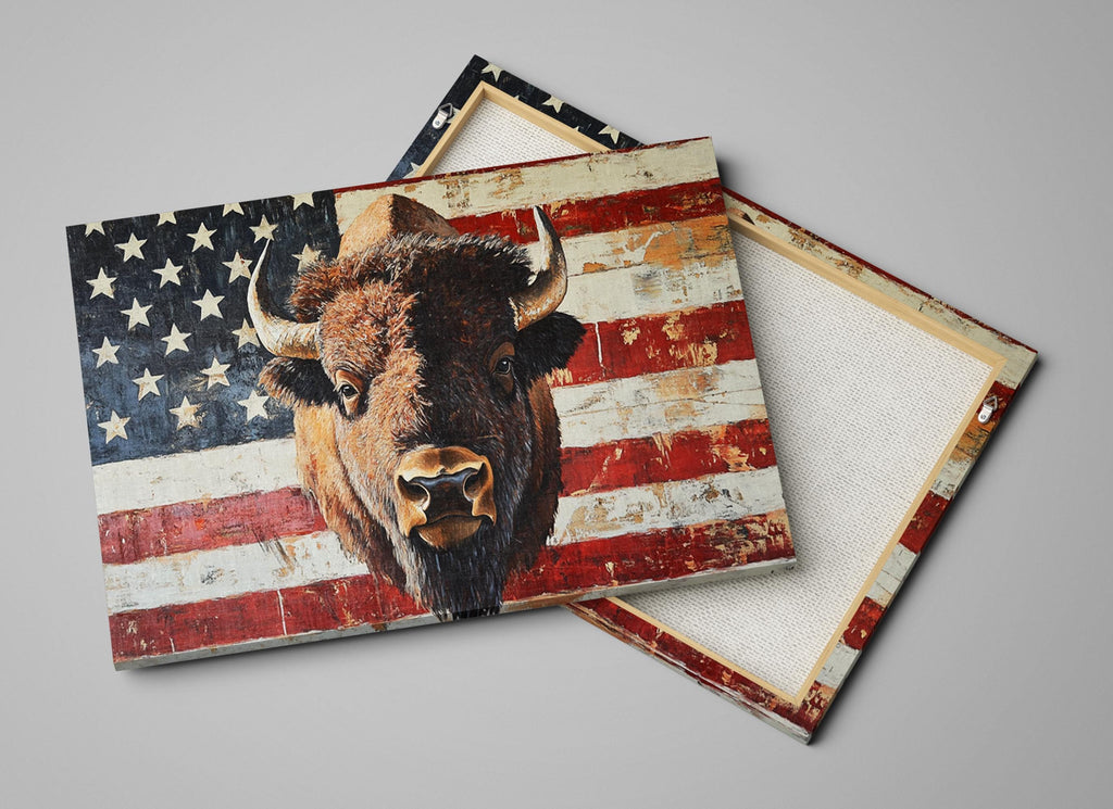 Patriotic Bison Canvas - Extra Large Framed Wall Art With American Flag