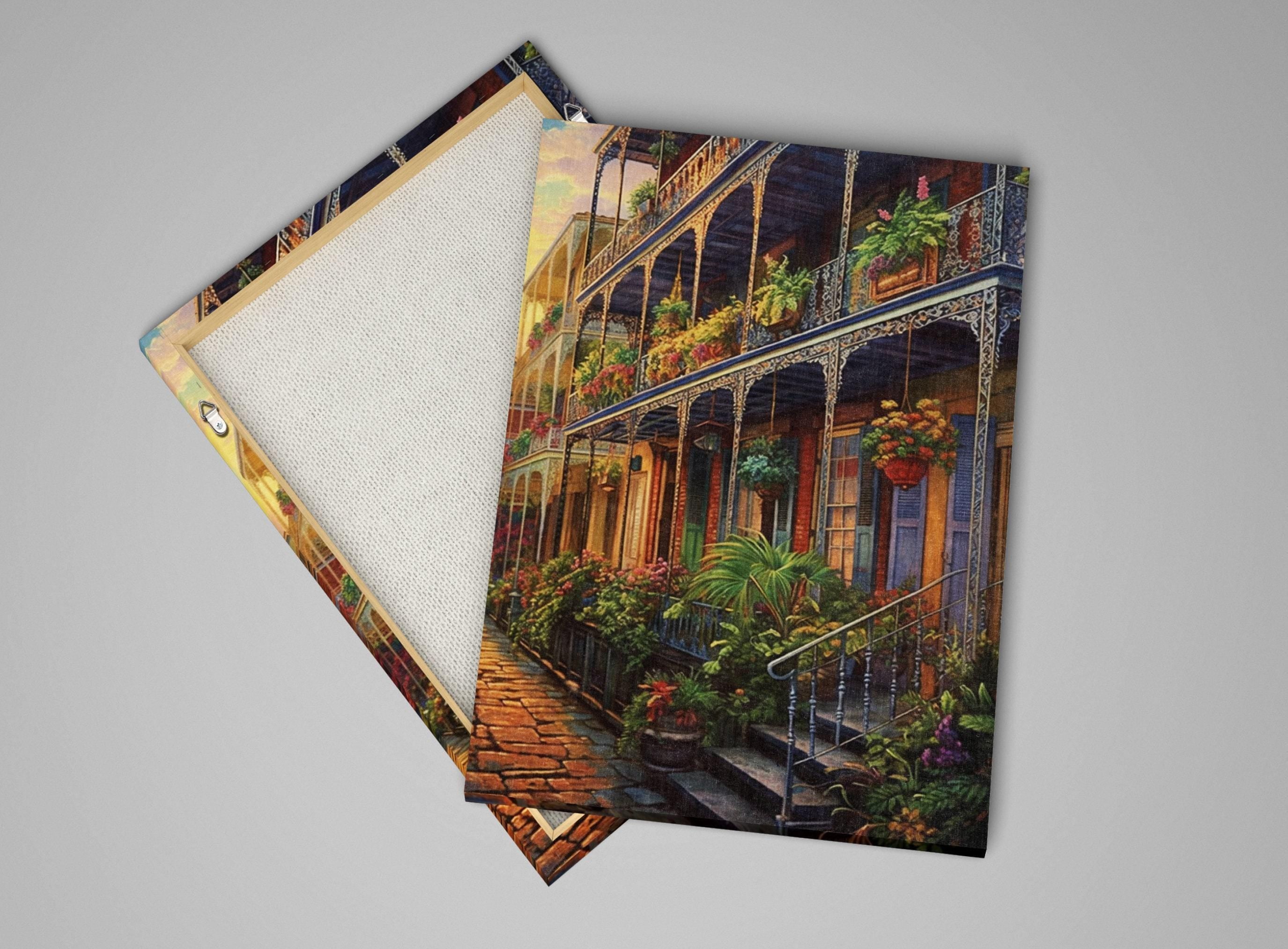 New Orleans Canvas Art – French Quarter Painting on Large Framed Canvas with Wood Frame