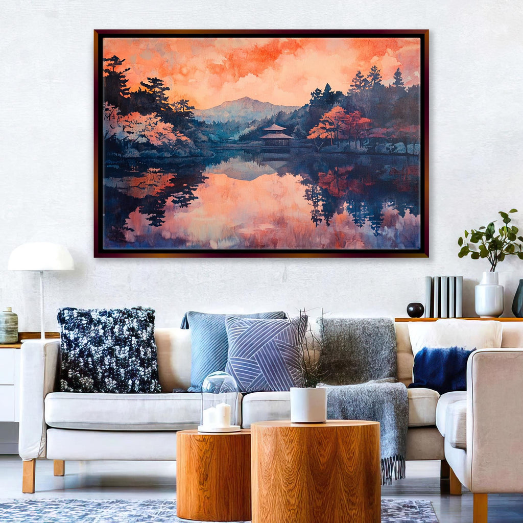 a living room with a couch and a painting on the wall