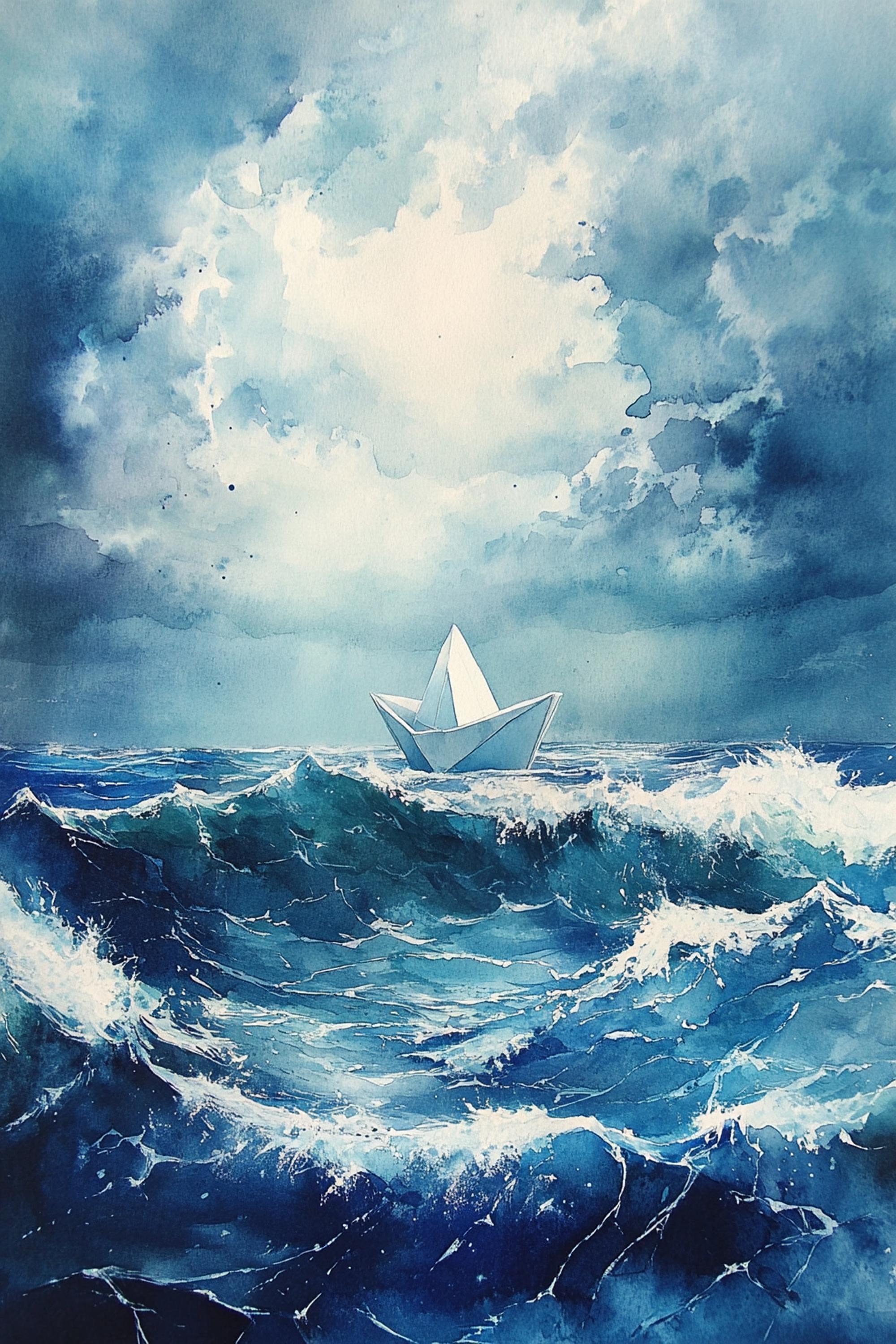 A white paper boat floats on a stormy ocean, surrounded by crashing waves and a dramatic cloudy sky.