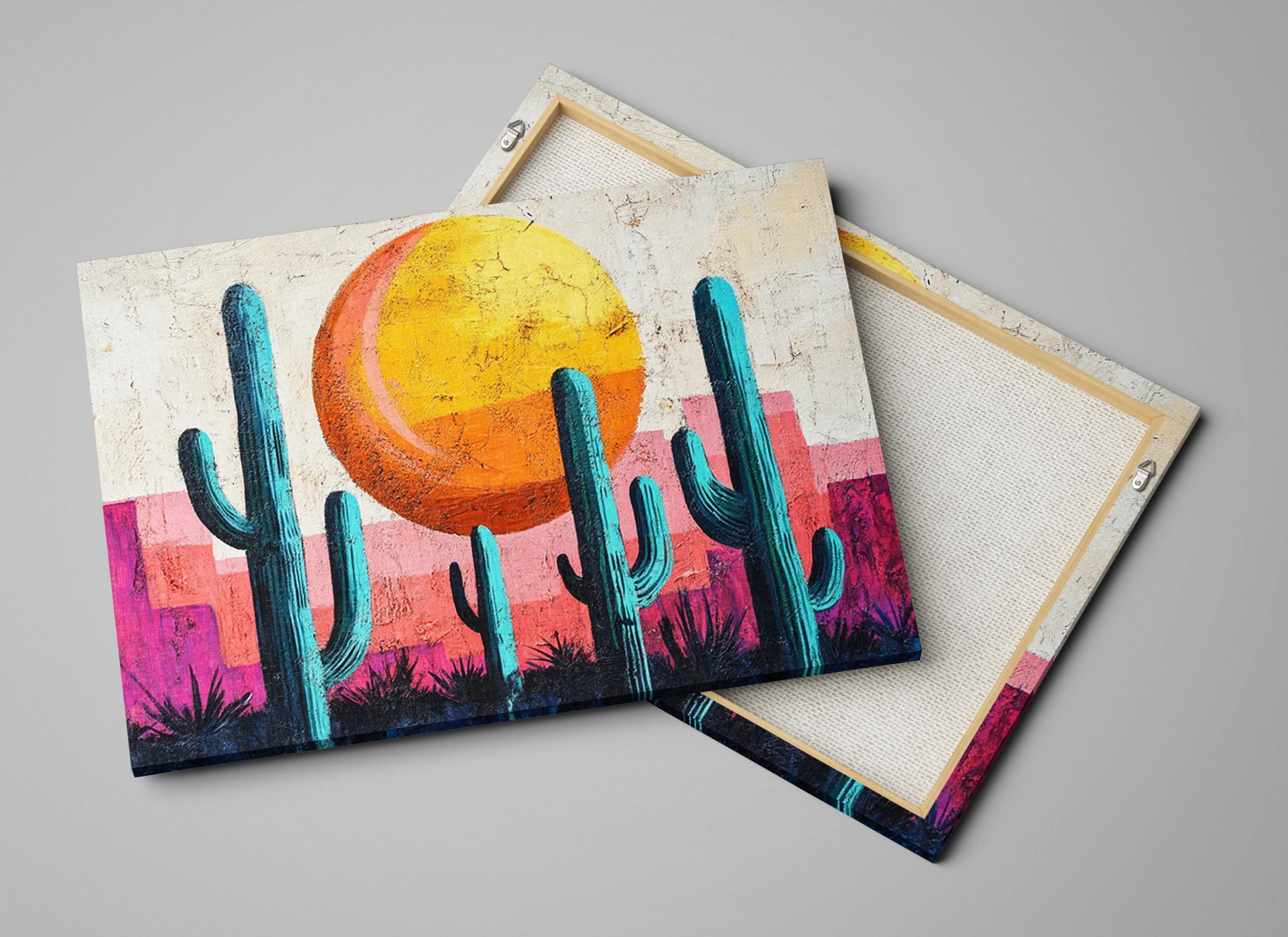 a couple of paintings of cactus and a sun