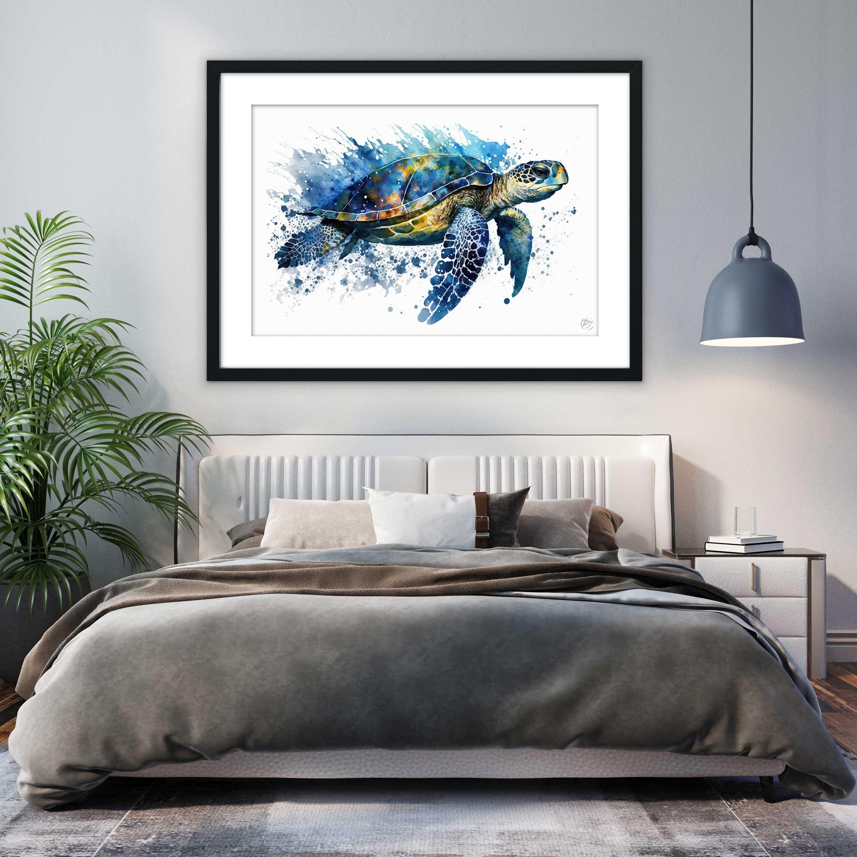Sea Turtle Watercolor Art Print, Nursery Nautical Canvas Print, Undersea Animal Framed Kids Wall Art