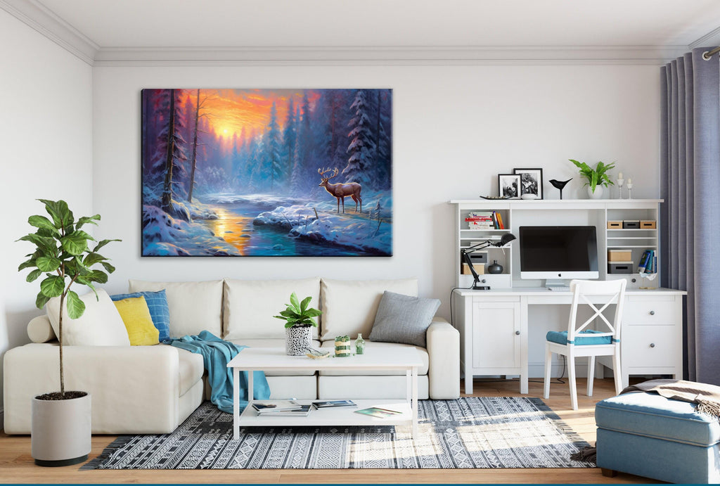 Winter Elk Canvas Art - Large Giclee Print | Rustic Winter Landscape Decor