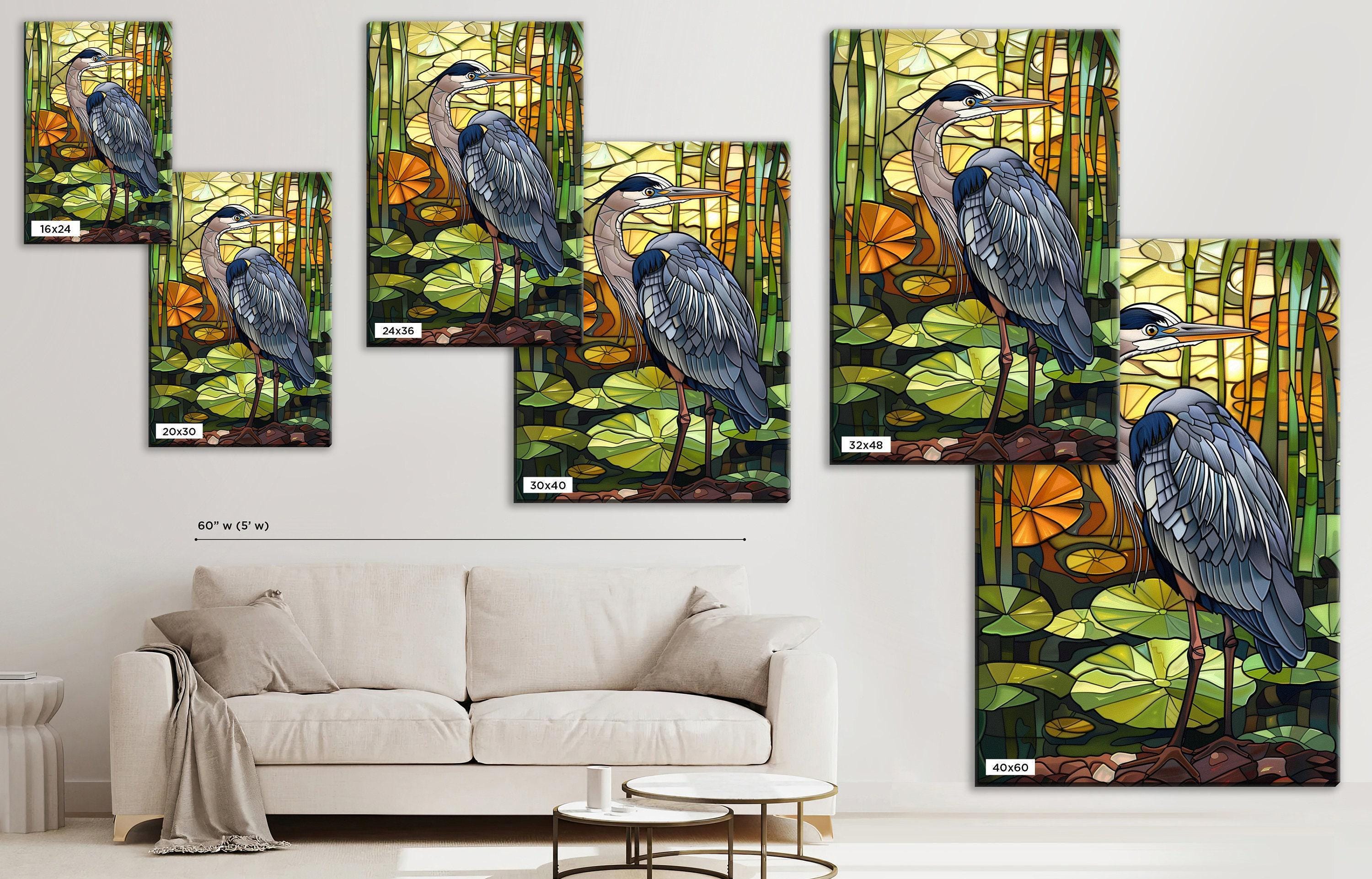 Blue Heron Canvas Art - Large Gallery Wrapped Stained Glass Style Print, Ready to Hang