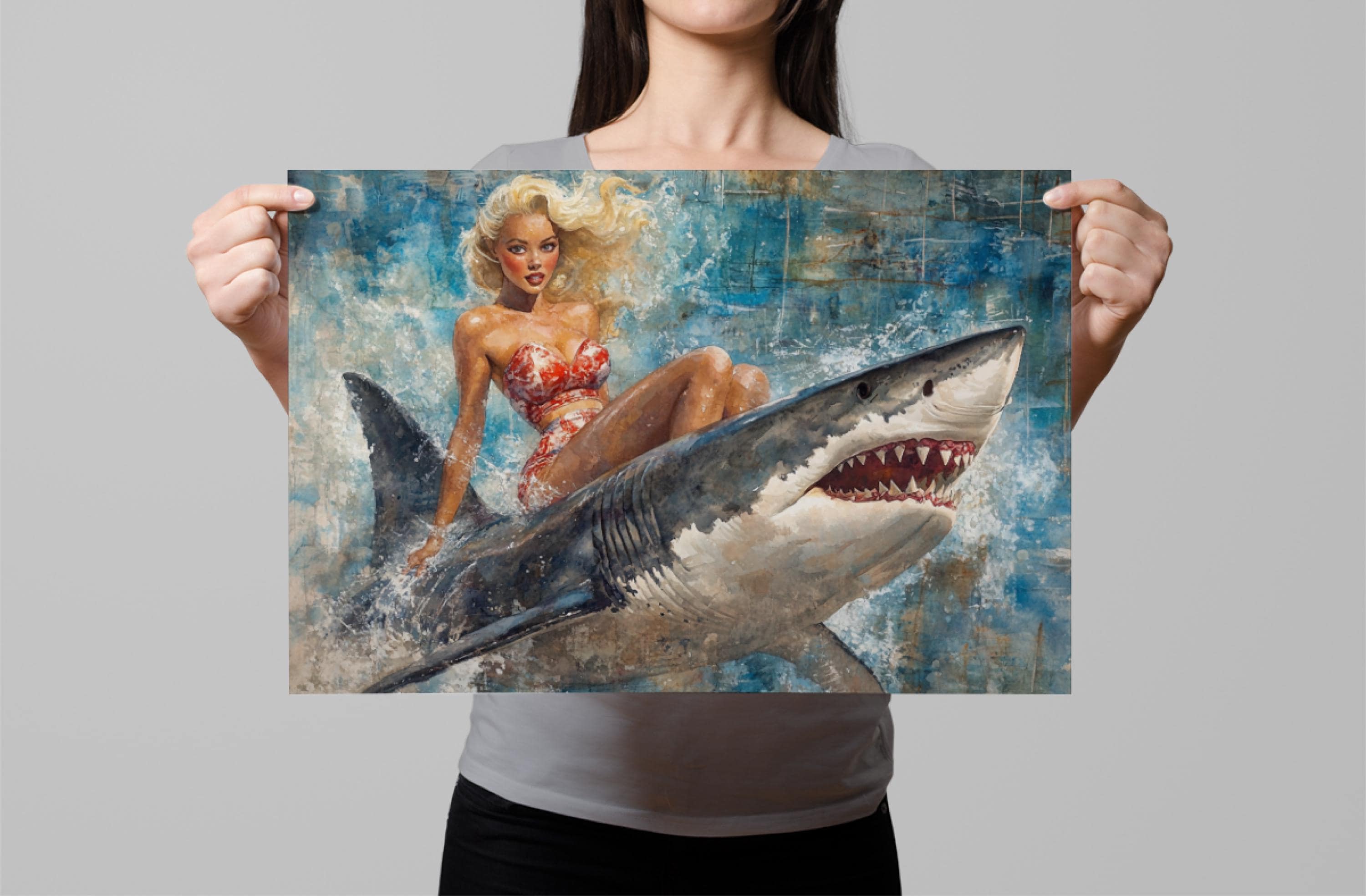 a woman holding up a painting of a woman sitting on a shark