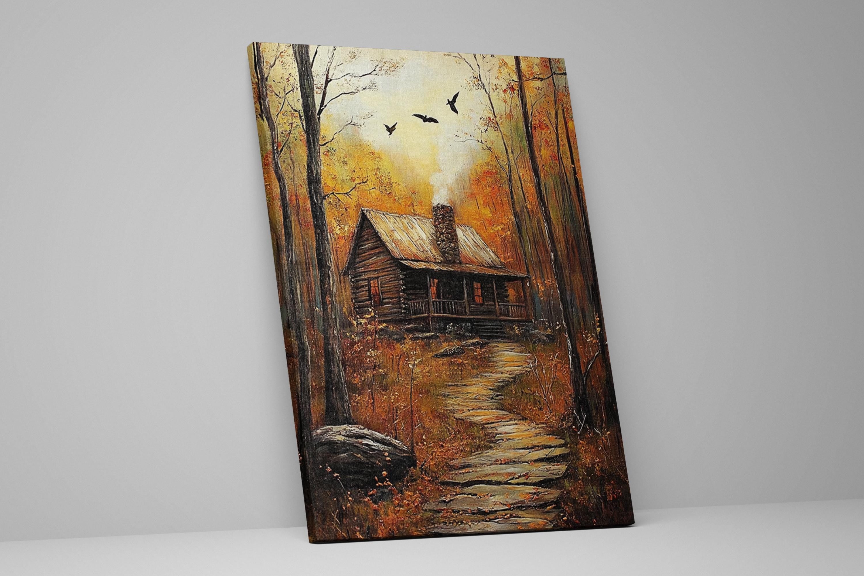 a rustic cabin nestled in a forest, with a winding path leading up to it and a smokestack rising from the chimney.