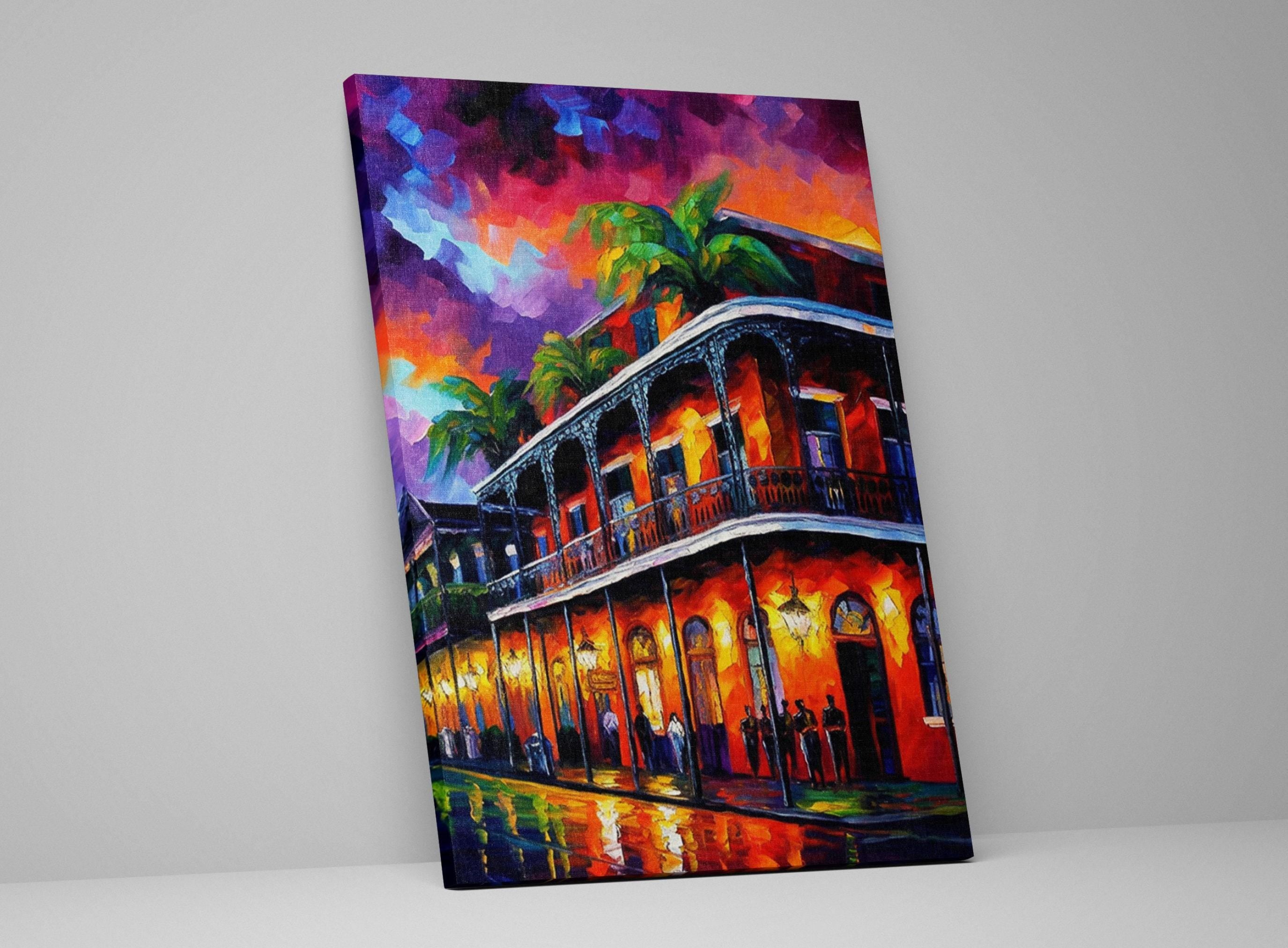 New Orleans Canvas Art - Vibrant Bourbon Street Painting on Real Wood Frame