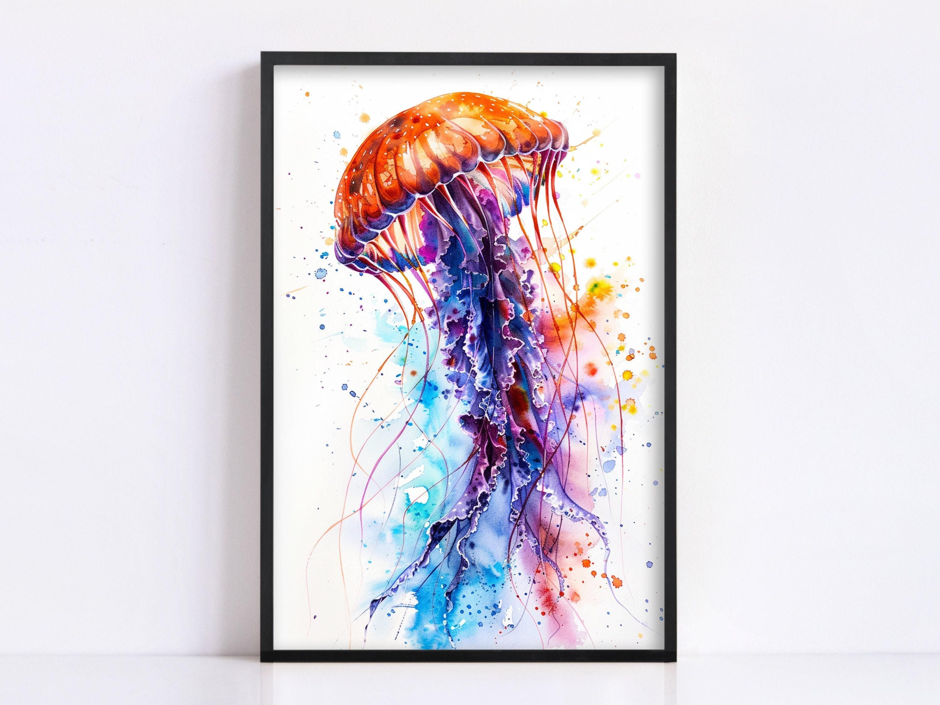 Beautiful Jellyfish Watercolor, Oceanic Wall Art, Giclee Print on Canvas, Artist Paper, Watercolor Paper, Available in Extra Large Sizes