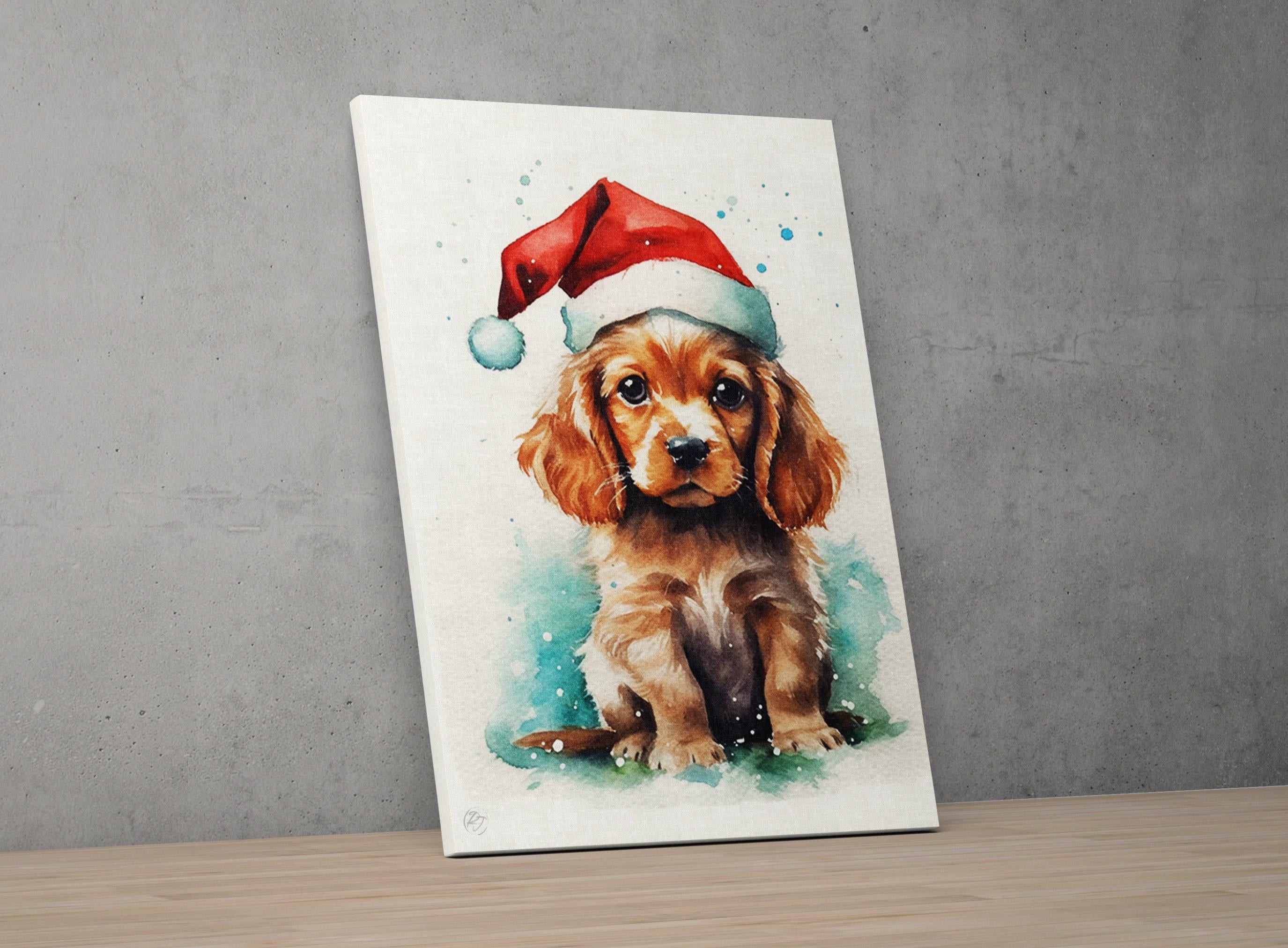 Festive Puppy Portrait - Watercolor Dog in Santa Hat, Giclee Print on Canvas, Artist Paper, Watercolor Paper, Available in Extra Large Sizes