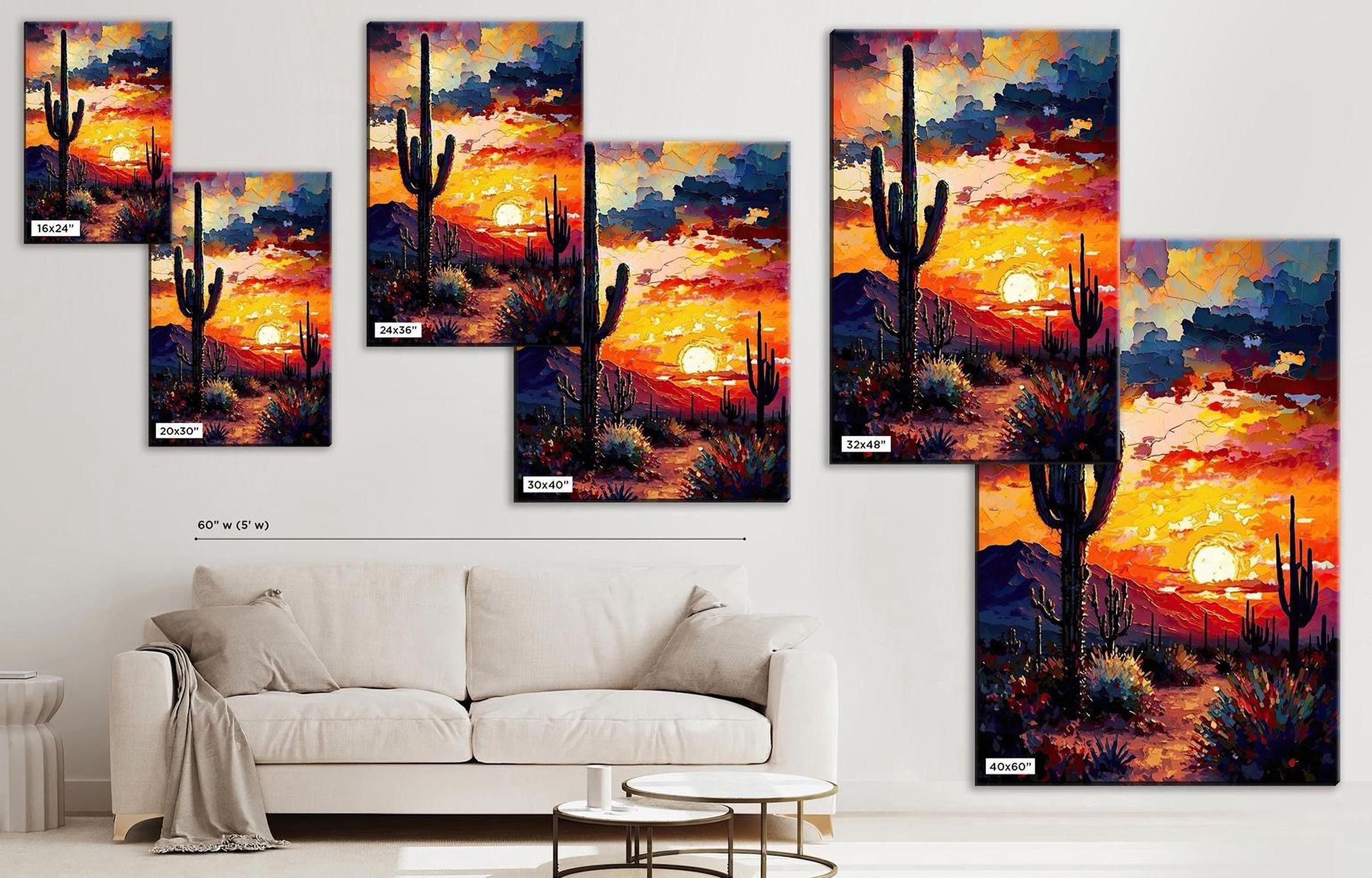 The image is a collage of six paintings depicting desert landscapes with cacti and sunsets. The paintings are arranged on a wall, and there is a white couch in the foreground.