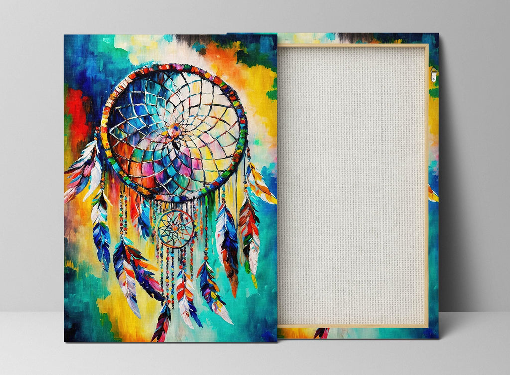 Dreamcatcher Art Print - Native American Canvas Wall Decor With Peacock Feather Art