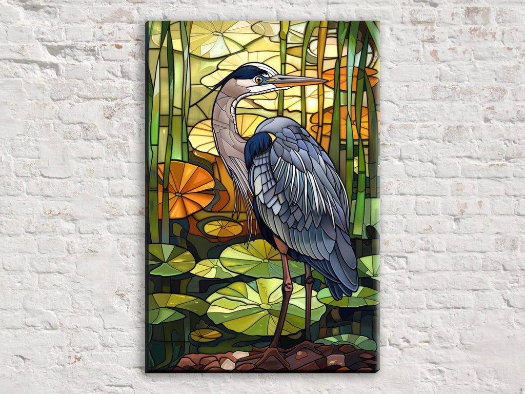Blue Heron Canvas Art - Large Gallery Wrapped Stained Glass Style Print, Ready to Hang