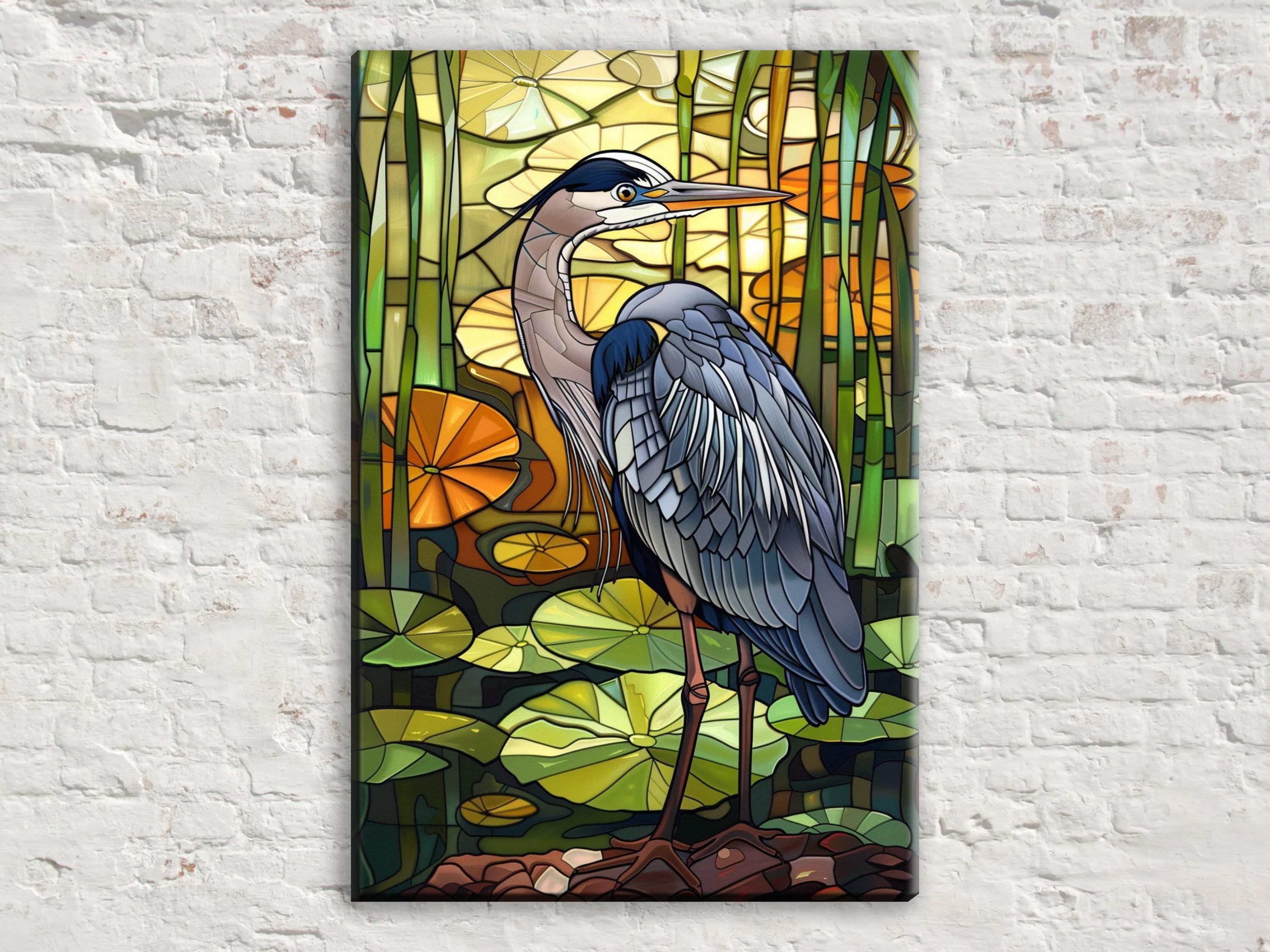 Blue Heron Canvas Art - Large Gallery Wrapped Stained Glass Style Print, Ready to Hang
