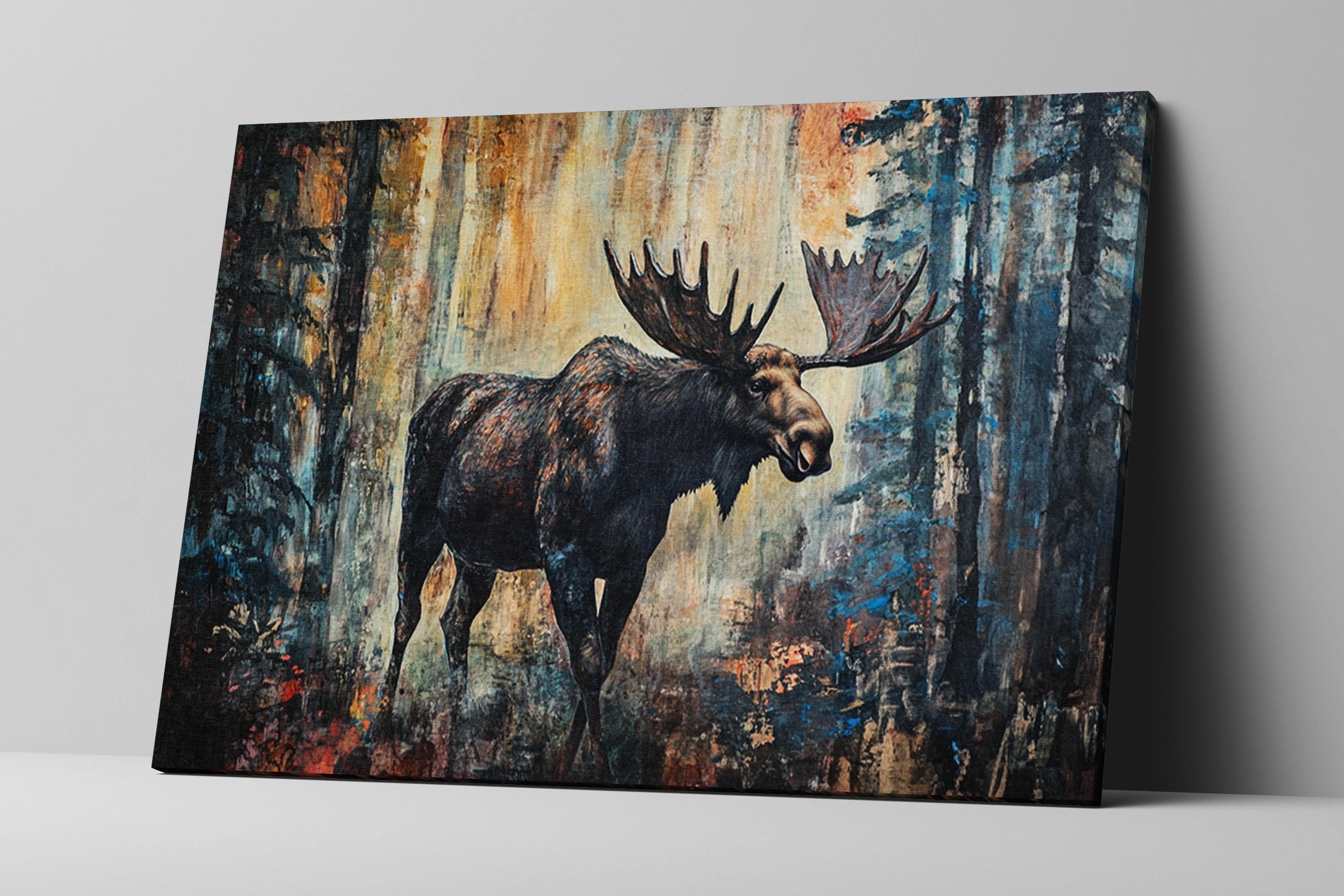 a painting of a moose in a forest