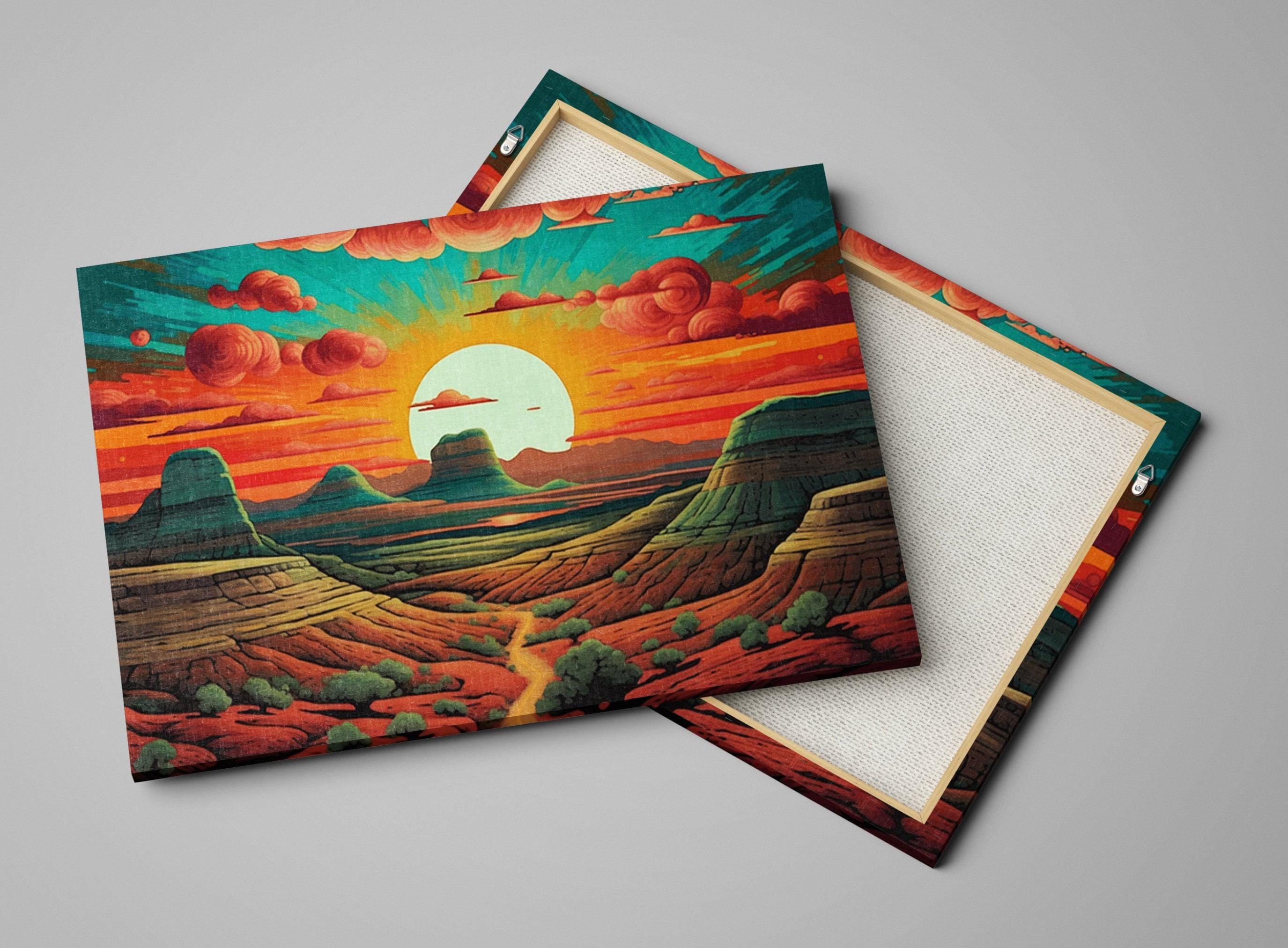 a vibrant desert landscape with mountains, a sun, and a colorful sky.