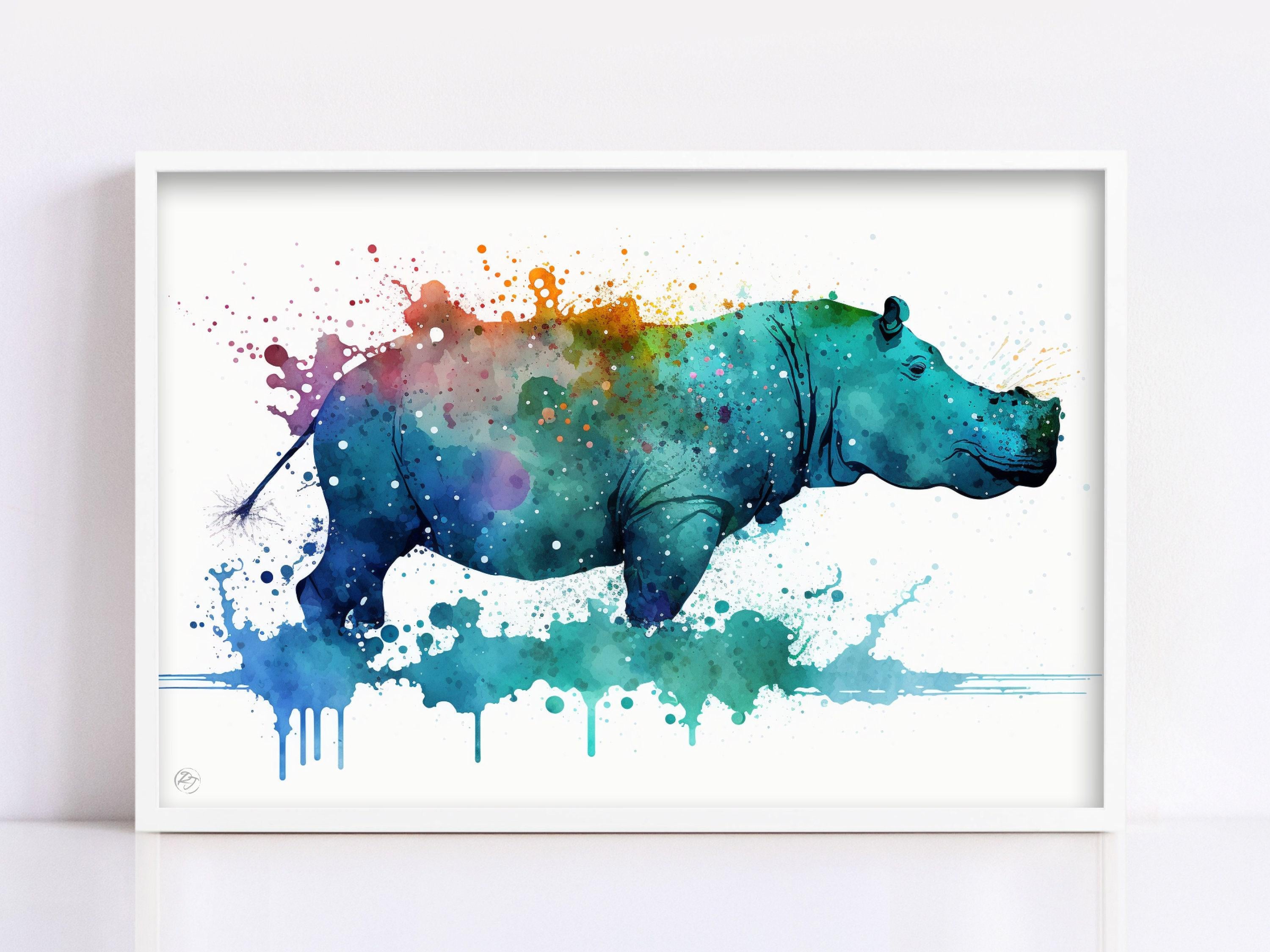 Riverbank Royalty: Watercolor Hippo Wall Decor Print, Giclee Print on Canvas, Artist Paper, Watercolor Paper, Available in Extra Large Sizes